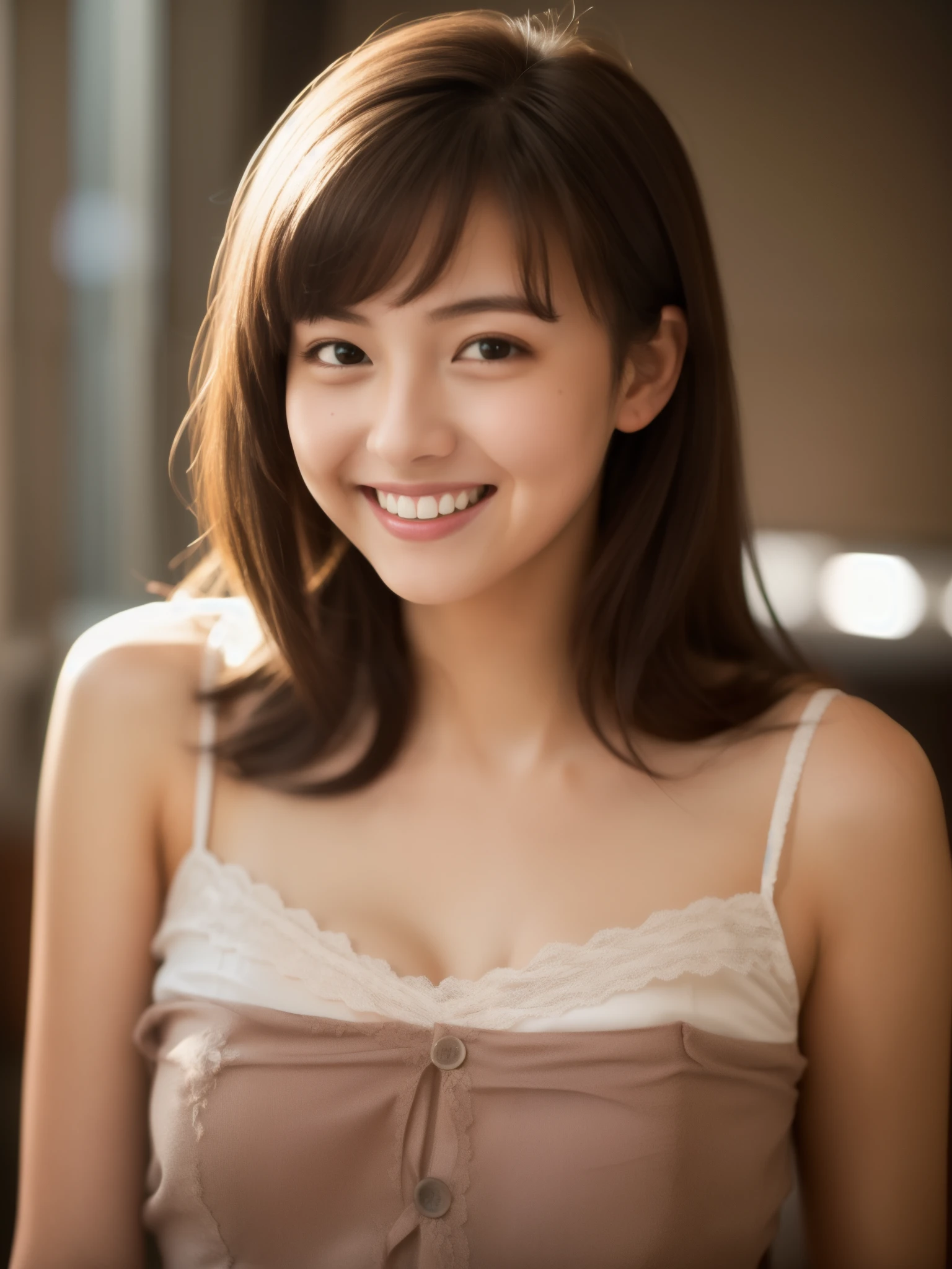 Beautiful 20 year old woman。she is wearing a satin camisole。Lace on the chest and hem.。She looks ecstatic 。she is smiling and winking. her dark brown hair、High resolution、masterpiece、highest quality、Head w:1.0、((Hasselblad Photos))、fine skin、fine knit、(movie lighting)、clavicle . 