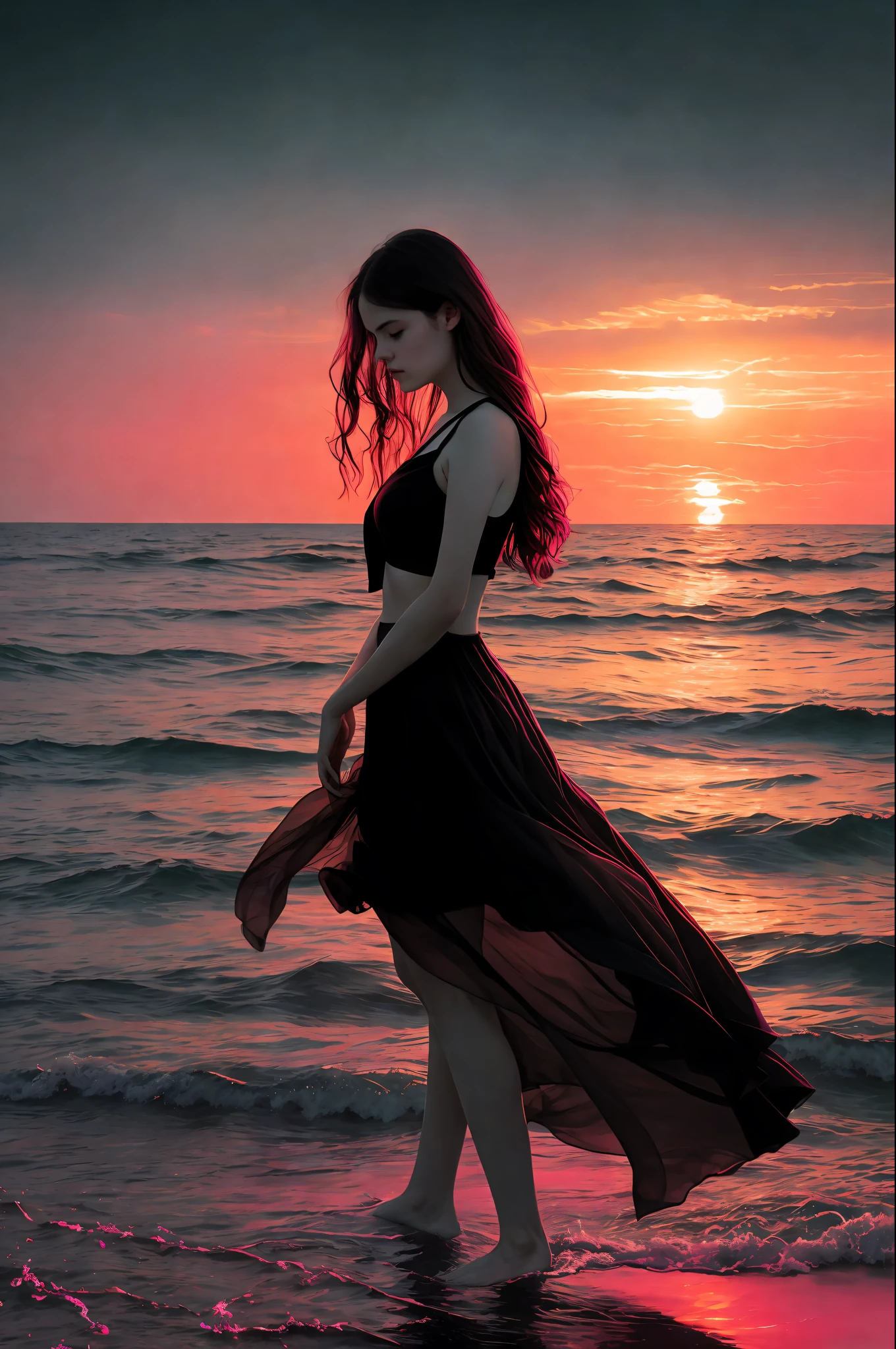 Film stills, ocean, sunset and pink lines by Byard Wu and Marc Simonetti and George Inness, monochrome artwork style, Felicia Simion, digital art technology light black and magenta, sparkling black and orange - Q2---S750--V 5.