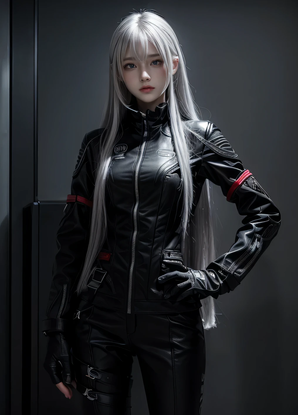 4 fingers,sharp gaze,glare,{{{{{White eyes}}}}},{{{{{White eyes}}}}},{{long hair}},{{{{straight hair}}}},gloves,black clothes,black military suit,{military},{{{{{dull bangs}}}}},Hard hair,(slanted eyes},{{whole body},{{{1 girl}}}, {{{{silver hair}}}},{{{Tsurime}}},26 years old,white people,Silvery eyes,thin,{{{masterpiece}}}, {{{highest quality}}}, {{super detailed}}, {figure}, {{very delicate and beautiful}},very detailed,Detailed Perfection,detailed hyper