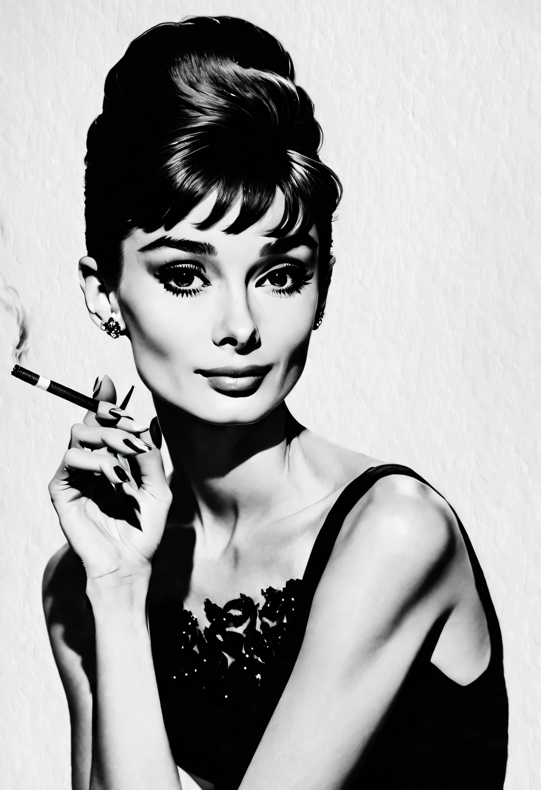 Ink art style, (Audrey Hepburn elegantly holding a cigarette in one hand), dramatic contrast, Hair texture clear and shiny, Emphasis on the depiction of exceptionally beautiful and bright eyes, smooth skin, portrait, Beautiful detailed, Super intricate and refined details, Outline with black ink, smooth lines, Express the characters’ expressions and postures through the contrast of ink shades, Have a simple background, Emphasis on light and space,