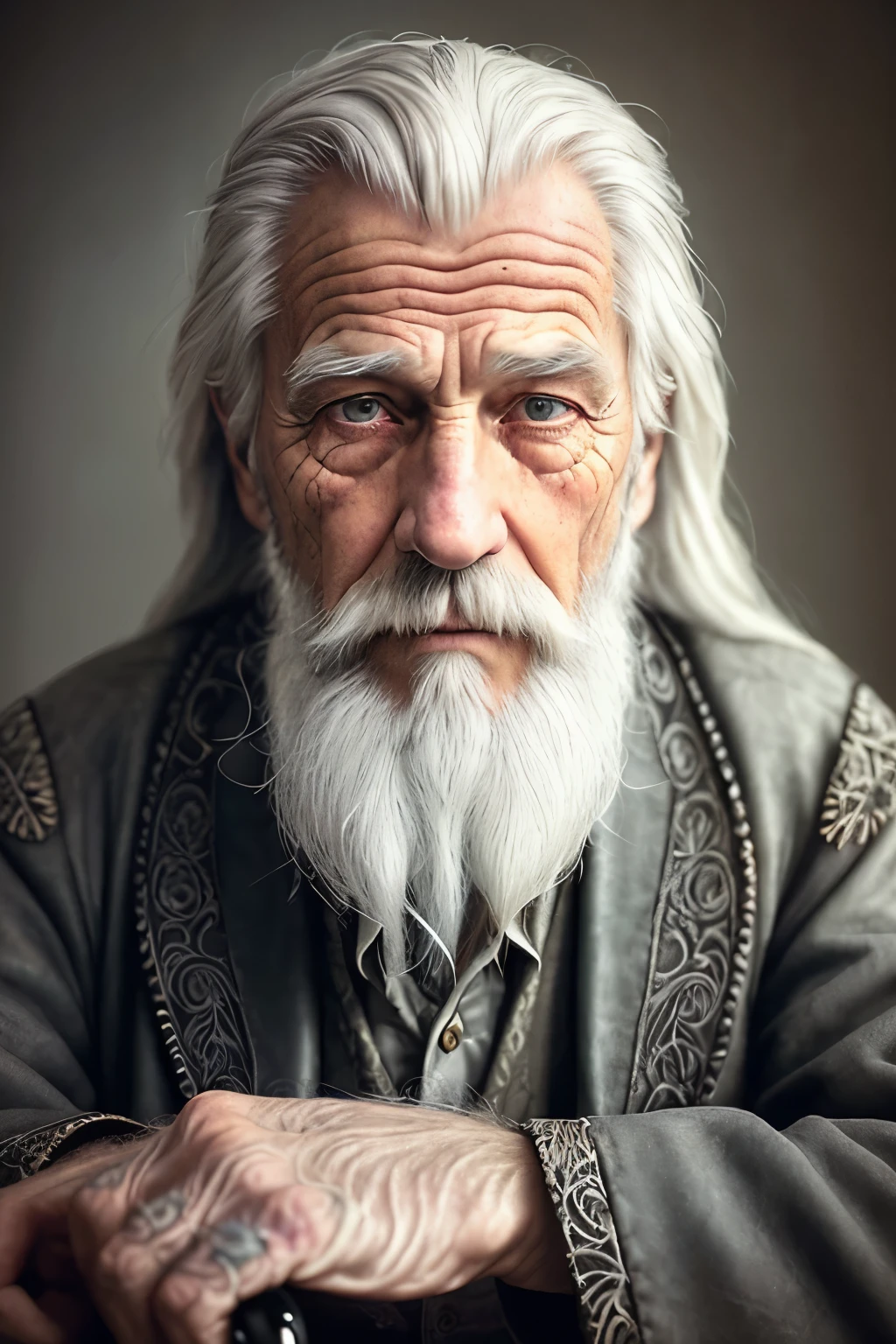An old man with long white hair and a beard, (high definition:1.1), (realistic textures:1.2), (intricately detailed:1.3), hdr, (wrinkled skin:1.4), cinematic shot, vintage filter, nostalgic, wise, gentleman, stern, deep in thought, leather chair, pipe in hand, twilight scene, warm colors, soft lighting, gray hair softly framing his face, sharp focus on his piercing eyes.