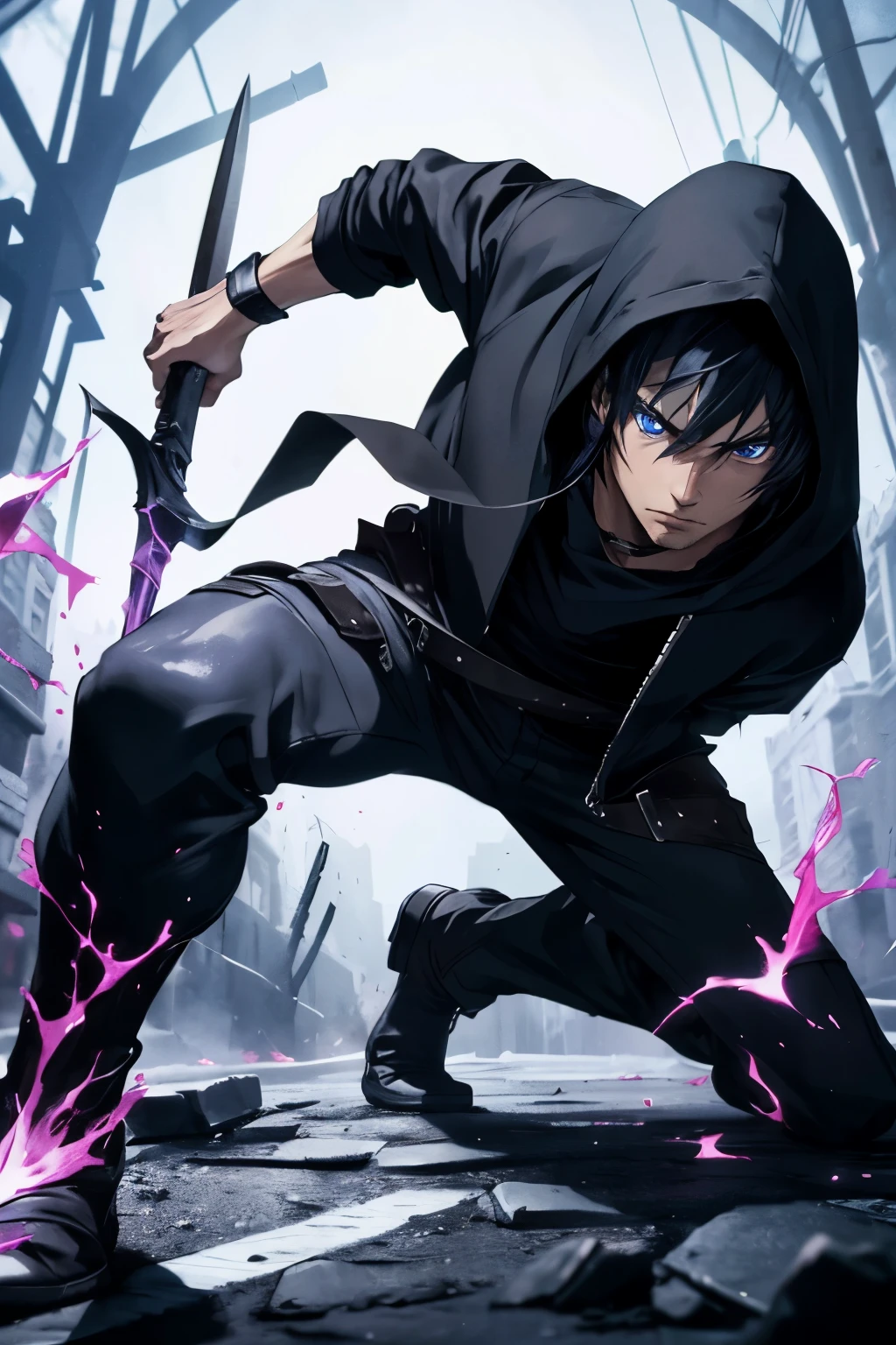 (extremely detailed 8k wallpaper), a full body shot of a fearful young rogue, male, male focus, black hair, blue eyes, black clothing, hooded, medieval, intricate, high detail, with a shadow blade in his hand with purple fire