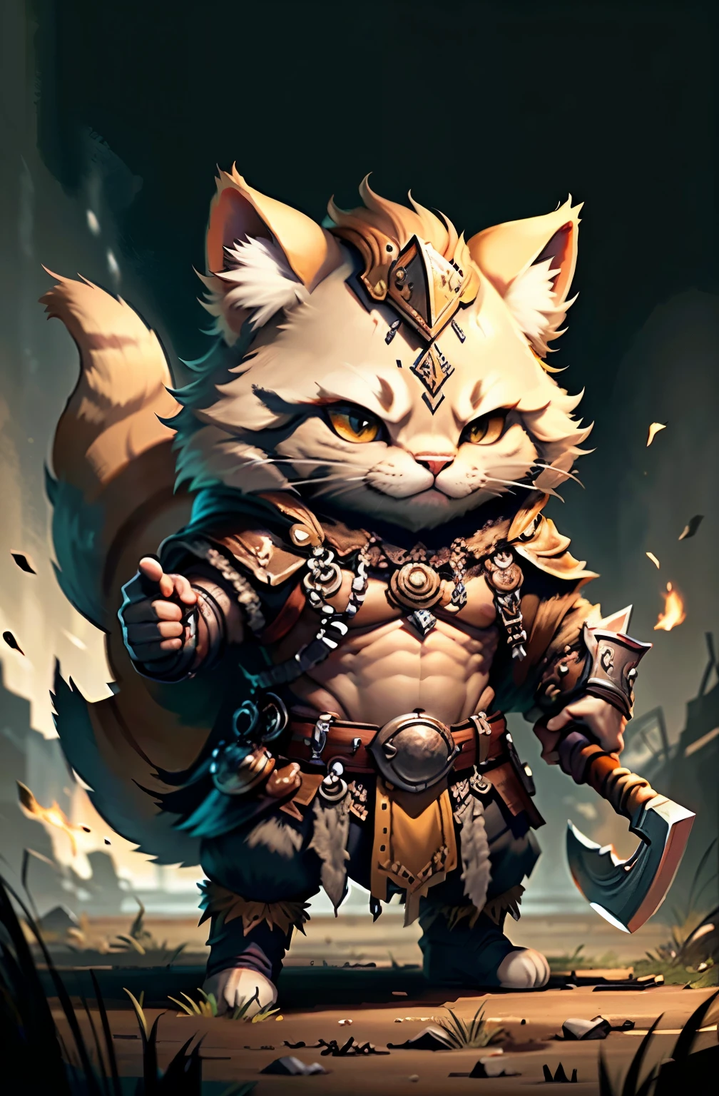 A C4tt4stic, cat wearing ancient viking warrior full clothes. burning viking ship background, professional model pose, standing. 