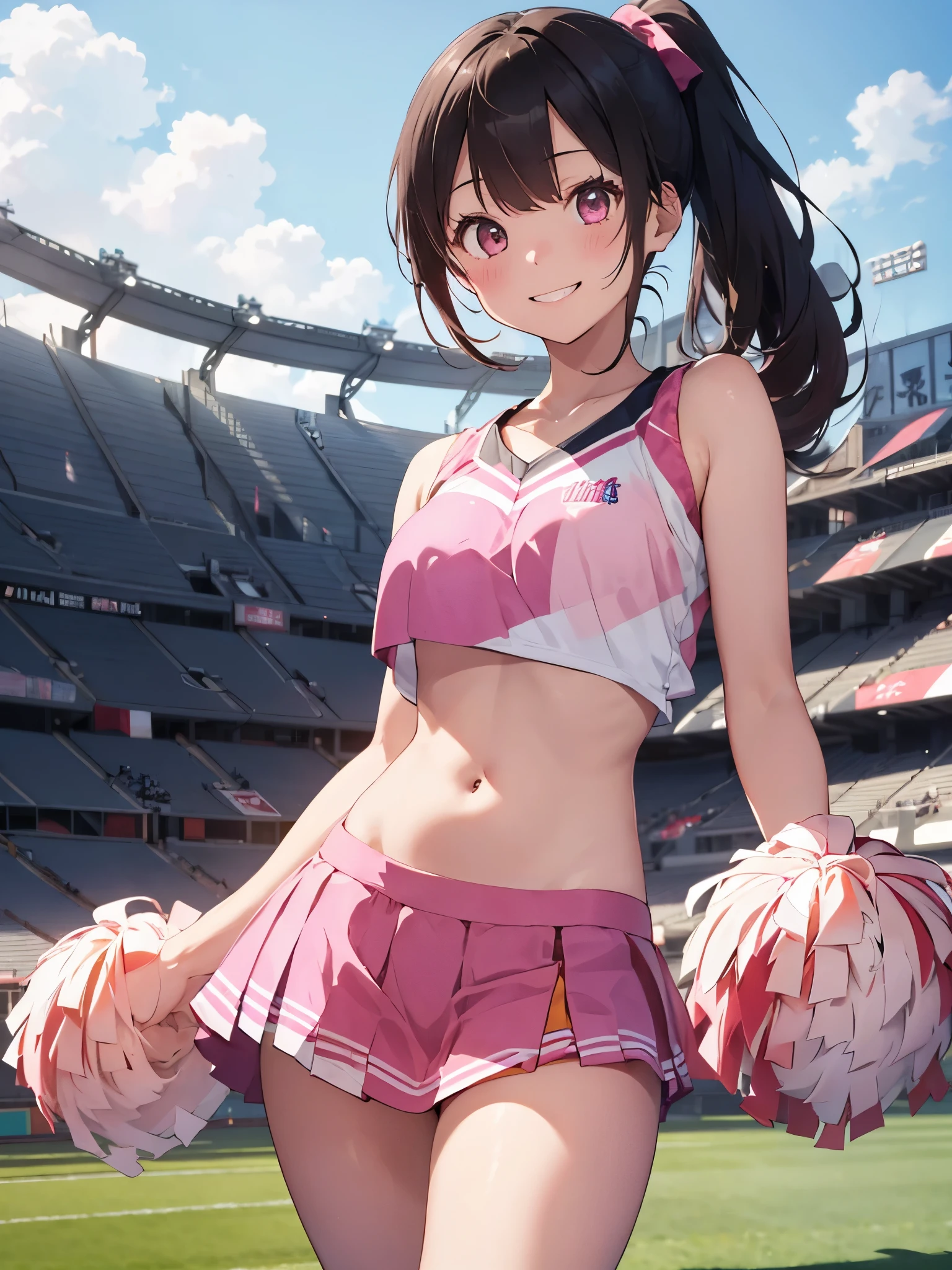 1 girl, Japanese, , white skin skin, middle chest, looking at the scenery, (smile:1.5), 
Beautiful and delicate hair down to the middle of the eyes:1.4, parted bangs, straight hair:1.7), (belly button:1.1), brown hair,
(Current pink cheerleading style:1.5), sports table top, Show center, raise your hand, holding an orange pom-pom, jumping, 
(beautiful scenery), daytime, (stadium:1.5), 
(8K, highest quality, master piece), beautiful illustrations, cowboy shot,