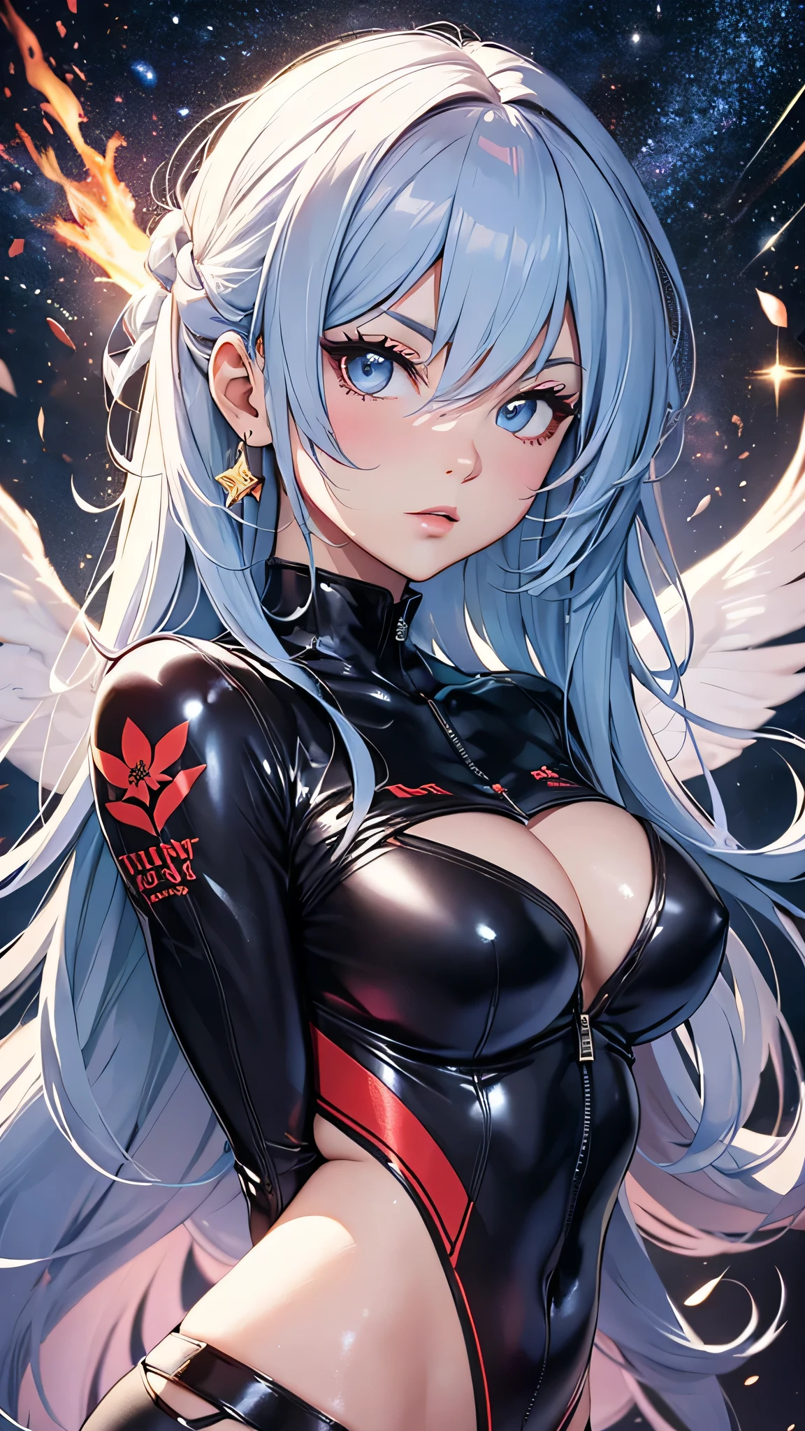 最high quality、best image quality、masterpiece、teenage girl((18-year-old、 By becoming、vest bust、medium bust,wide open breast tea、black eye, light blue hair、Red mesh、long hair、thin,highest valley、white pitch suit(2:3)、Glowing red wings,leaning forward)),high quality、beautiful art、background((outer space))debris flies、Depth of written boundary、movie、visual art、perfect art、8K,genuine