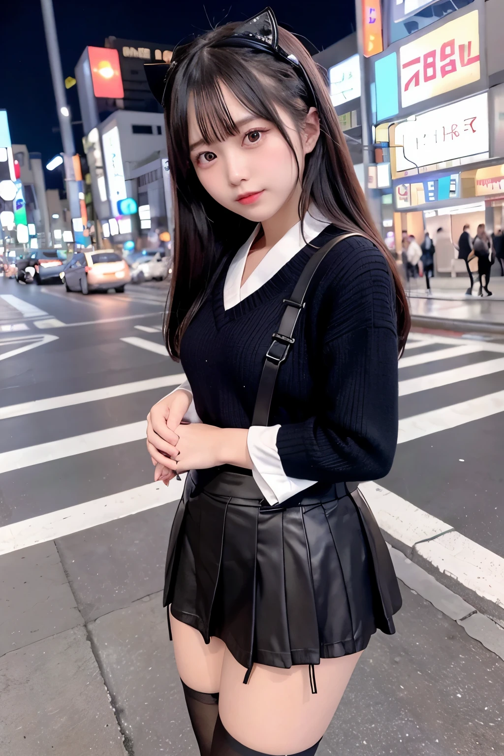 high angle shot、center view、A woman standing on a neon street at midnight、Phenomenally cute 、japanese girl uniform、summer clothes、Microminiskirt、urreal 、loafers、She wears black tights that show a little bit of skin.、black tights、Japanese high school 、Nogizaka Idol、Plump thighs、Full body Esbian、garter belt、garter ring、leg garter