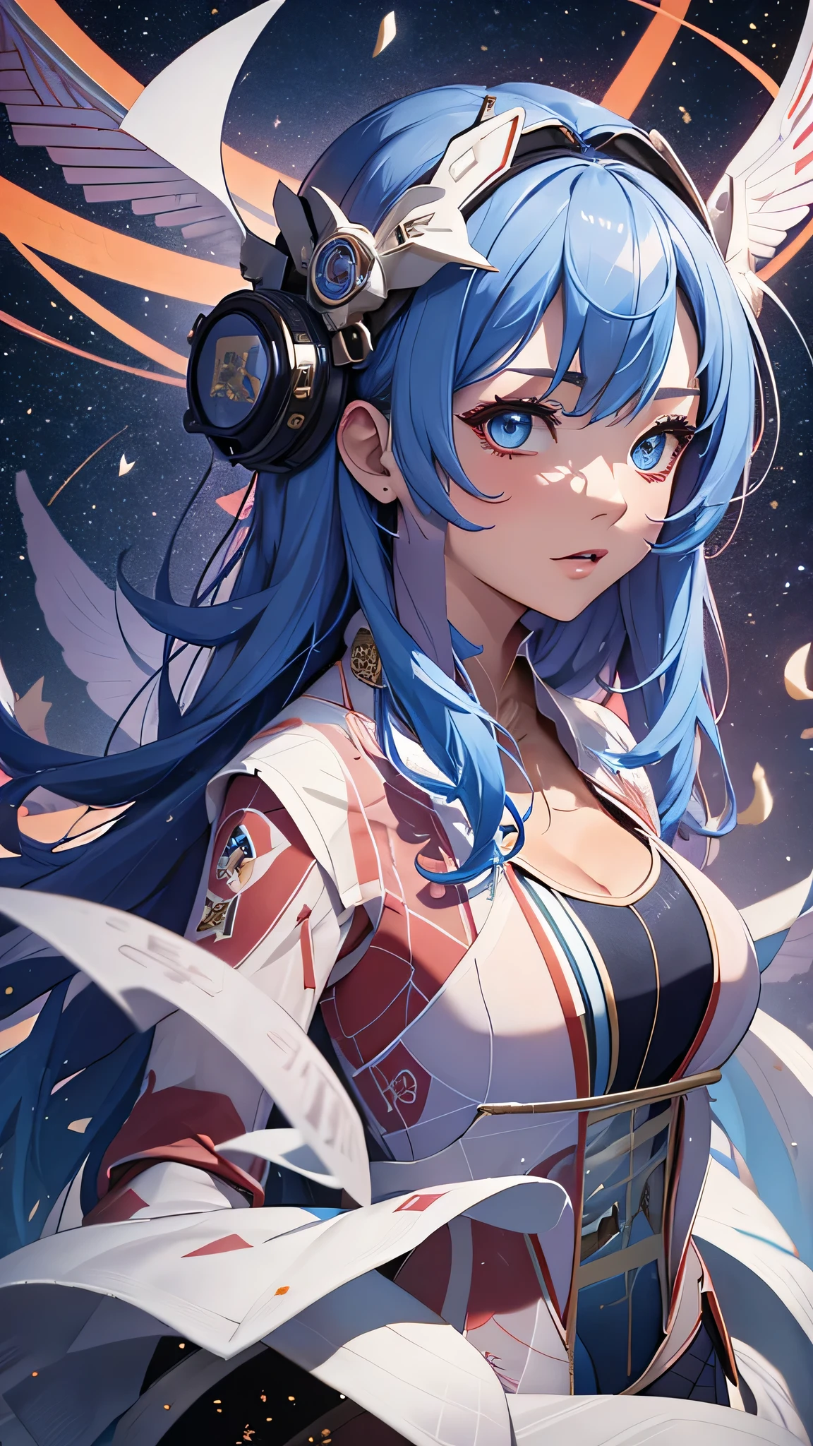 最high quality、best image quality、masterpiece、age girl((18-year-old、 By becoming、vest bust、medium bust,wide open breast tea、black eye, light blue hair、Red mesh、long hair、thin,highest valley、white pitch suit(2:3)、Glowing red wings,leaning forward)),high quality、beautiful art、background((outer space))debris flies、Depth of written boundary、movie、visual art、perfect art、8K,genuine