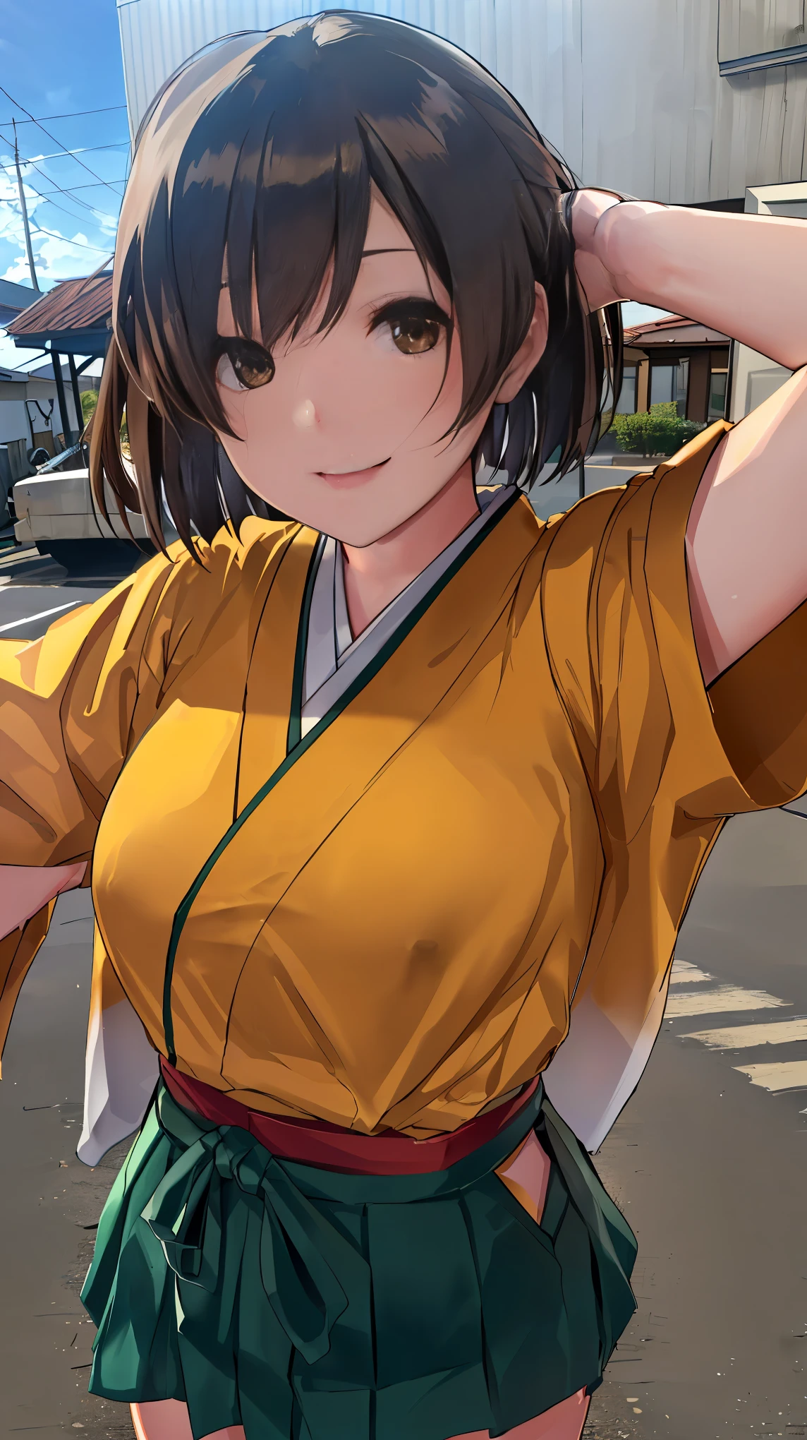 (masterpiece), (best quality), (ultra-detailed), photorealistic, (best illustration), (an extremely delicate and beautiful),1girl, hiryuukc, orange kimono, one side up, brown eyes, brown hair, green hakama, hakama short skirt, [outstretched arms::0.35], smile, cowboy shot, [:(peace sign):0.35], [:(hand in own hair):0.35]Very Fine Eyes Very Fine Face、Insanely detailed body、Extremely fine skin, very elaborate hair ornament, Precisely shaped body and hands