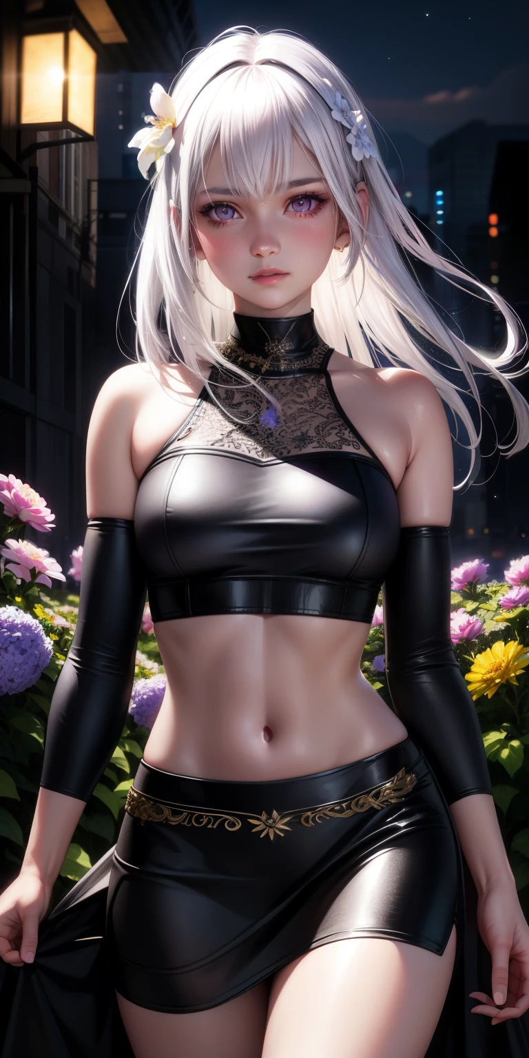 realistic, 1girl, white hair, purple eyes, glowing eyes, crop top, skirt, parted lips, blush, night, flowers, sun, sunlight,naked