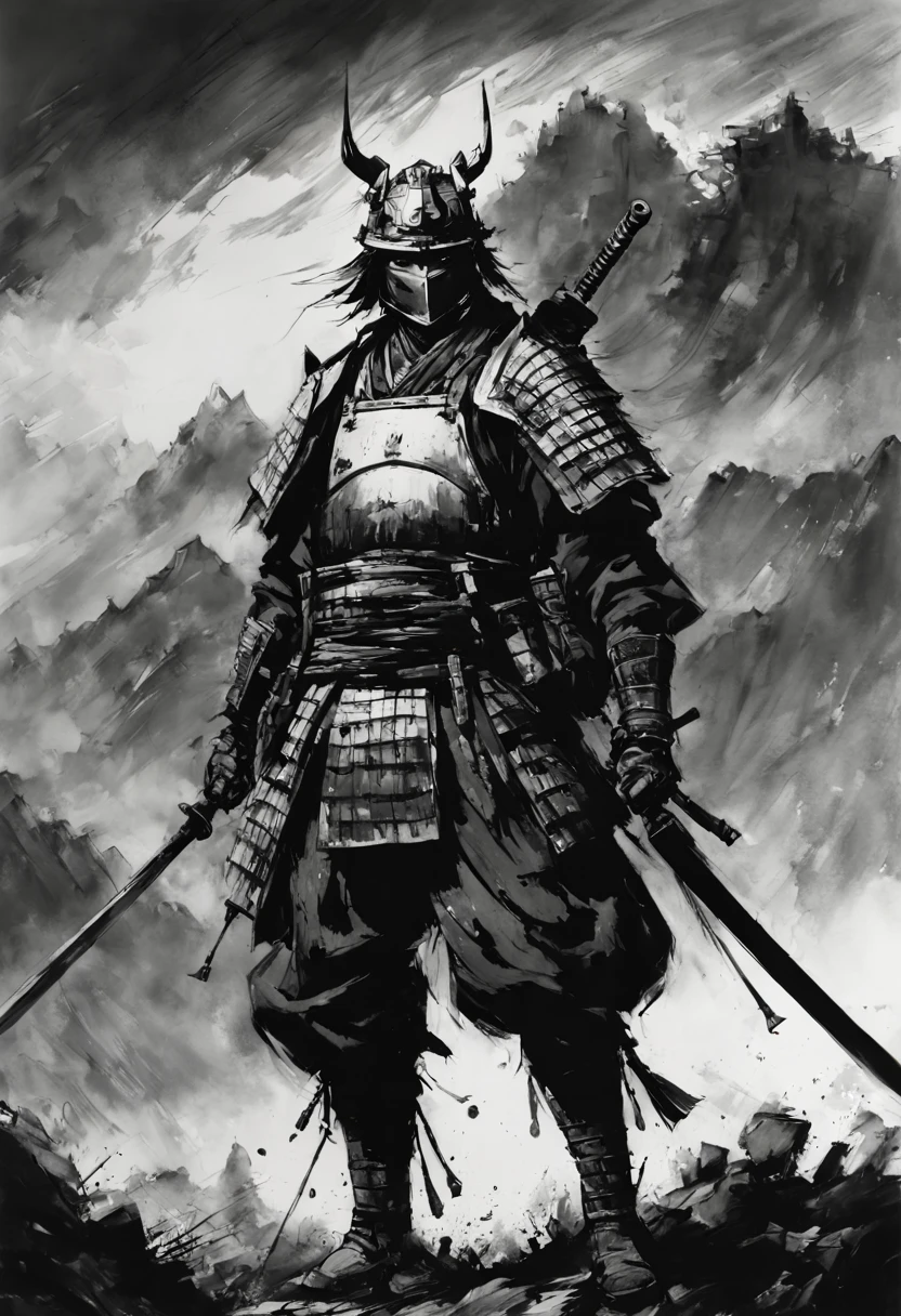 "katana!!! Black and white ink drawing of samurai on battlefield, fog!!! epic mountainscape!!! super high mountains!!! epic beautiful clouds, whistlerian, cinematic view”, Masterpiece, Intricate, Insanely Detailed, Art by Kim Jung Gi, Yoji Shinkawa, Guy Denning, James Jean, Ink Drip, Paint Splatter!!!!, Textured!!!