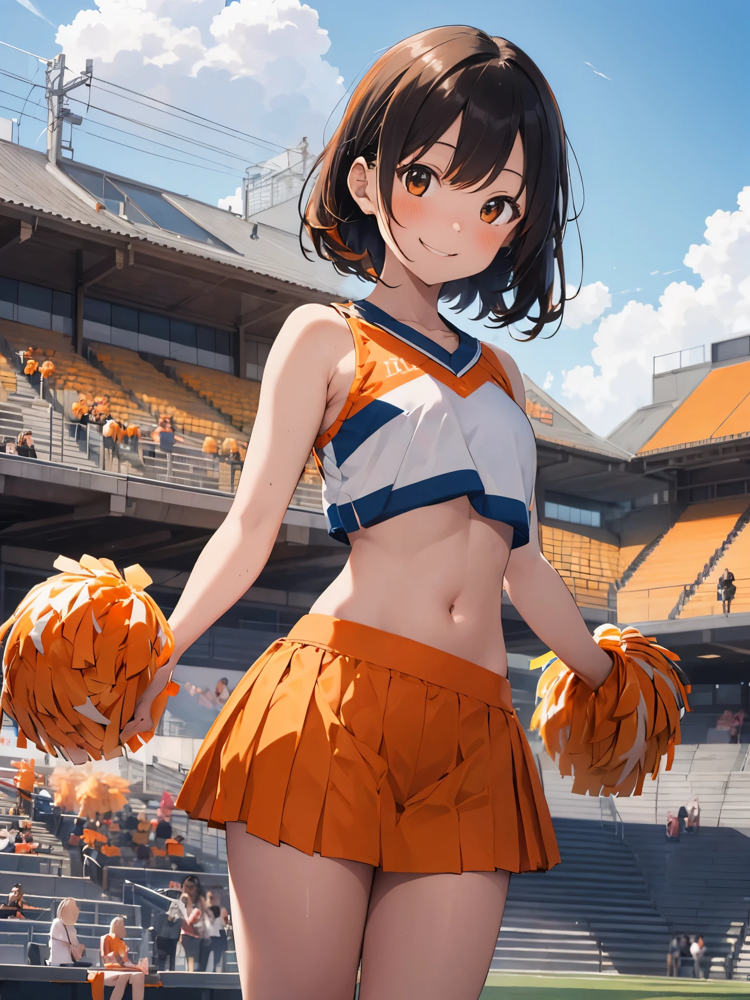 1 girl, Japanese, , white skin skin, middle chest, looking at the scenery, (smile:1.5),
Beautiful and delicate hair down to the middle of the eyes:1.4, parted bangs, straight hair:1.7), (belly button:1.1), brown hair,
(Current orange cheerleading style:1.5), sports table top, Show center, raise your hand, holding an orange pom-pom, jumping,
(beautiful scenery), daytime, (living:1.5),
(8K, highest quality, master piece), beautiful illustrations, cowboy shot,