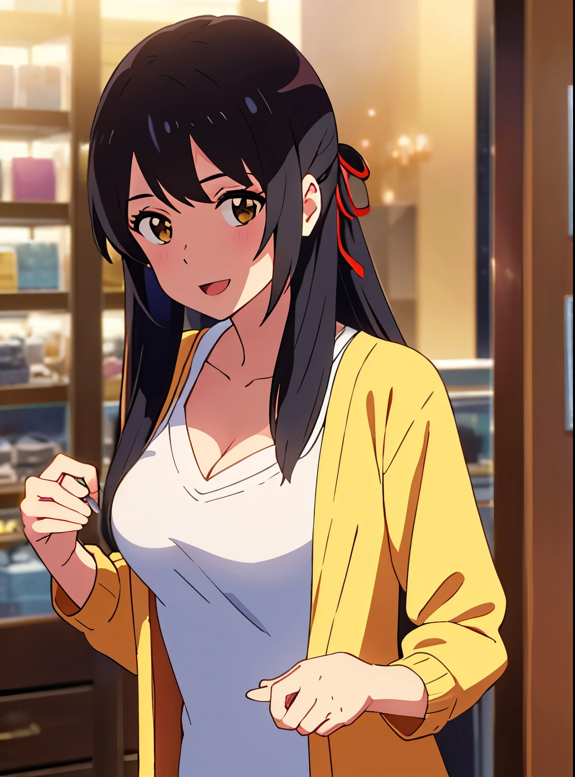shinkai makoto, kimi no na wa., 1girl, bangs, black hair, brown eyes, open mouth :D, Twisted Half Up, red ribbon, long hair, long sleeve light yellow cardigan, open shirt, yellow shirt, cleavage, breast, medium breast, Orange shirt, name tag written "LUMINE Miyamizu", looking at the viewer, indoors, jewelry products, jewelry shop, jewelry saleswoman, indoors, mall, masterpiece, perfect anatomy, cowboyshot, POV (POV boy's hands holding girl's chest POV