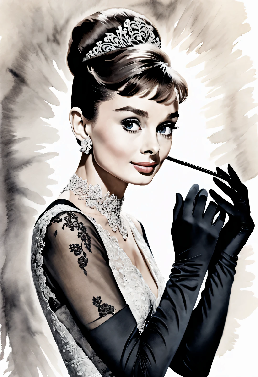 pen and ink art style, Ink art style, (Audrey Hepburn looks elegantly at the camera), (Wear high-end lace evening gown gloves), White background, ink painting,
dramatic contrast, Hair texture clear and shiny, Emphasis on the depiction of exceptionally beautiful and bright eyes, smooth skin, portrait, beautiful details, Super intricate and refined details, Outline with black ink, smooth lines, Express the characters’ expressions and postures through the contrast of ink shades. Simple background, Emphasis on light, shadow, and a sense of space,, Beautiful detailed