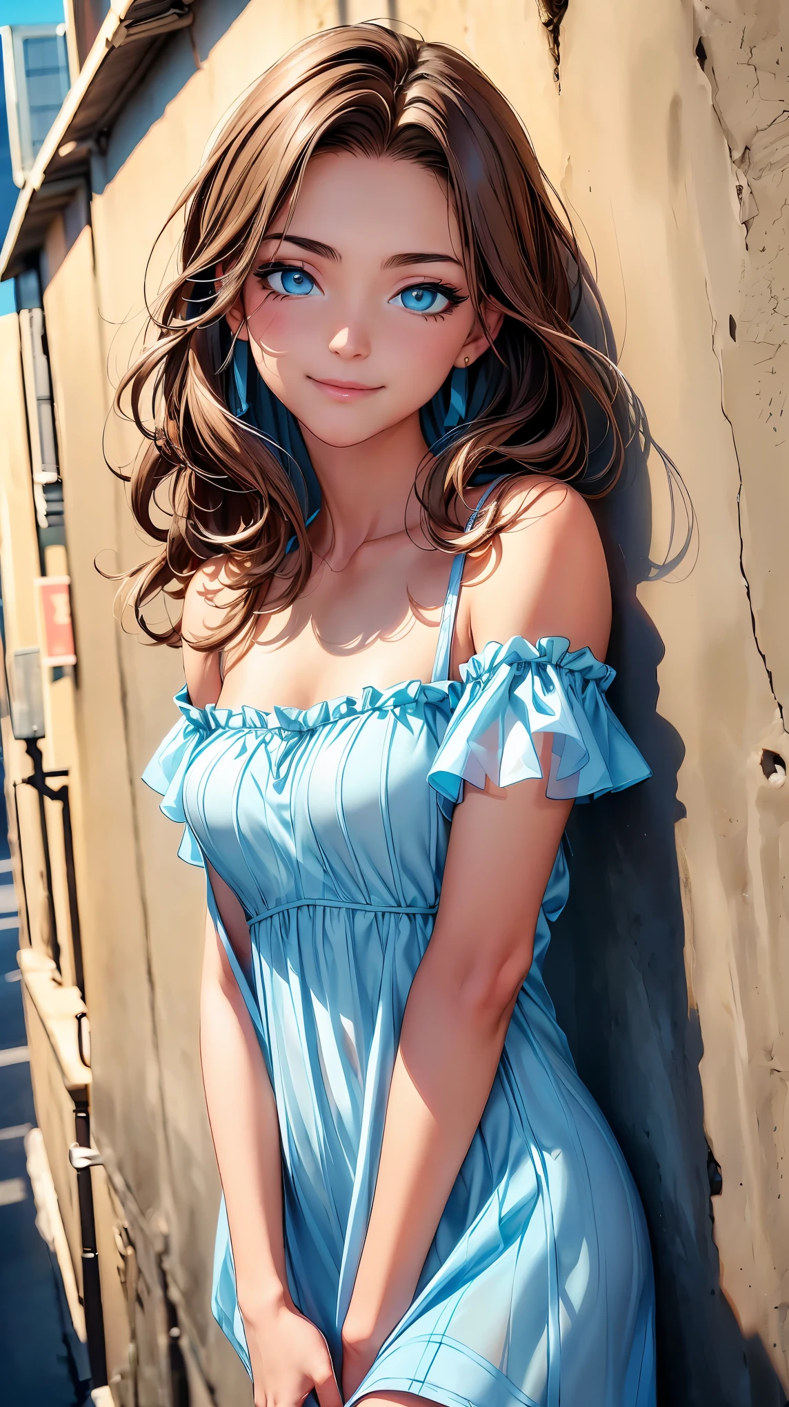 (8K, RAW photo, 最high quality, masterpiece: 1.2), High-definition RAW color photo, Professional photo shoot, cinematic light, alone, (((young woman, gal))), (Sharp features), (small face), (high detail skin: 1.2), clavicle, cute face, beautiful appearance, Clean eyelashes, (brown hair, brown eyes), (beautiful breasts), (slim body shape:1.4), very detailed顔と肌の質感, fine eyes, double eyelid, look sideways, Place your hands behind your body, ((shortcut, wavy hair)), ((open your mouth and smile:1.2)), big breasts, normal hip joint, cowboy shot, (((Light blue off shoulder dress:1.5, transparent material:1.2))), back alley, leaning against the wall, smooth texture, staring eyes, beautiful skin, shiny skin, perfect fingers, five fingers, anatomically correct, background bokeh, high quality, surreal, bright colors, ((very detailed, photo shoot)),