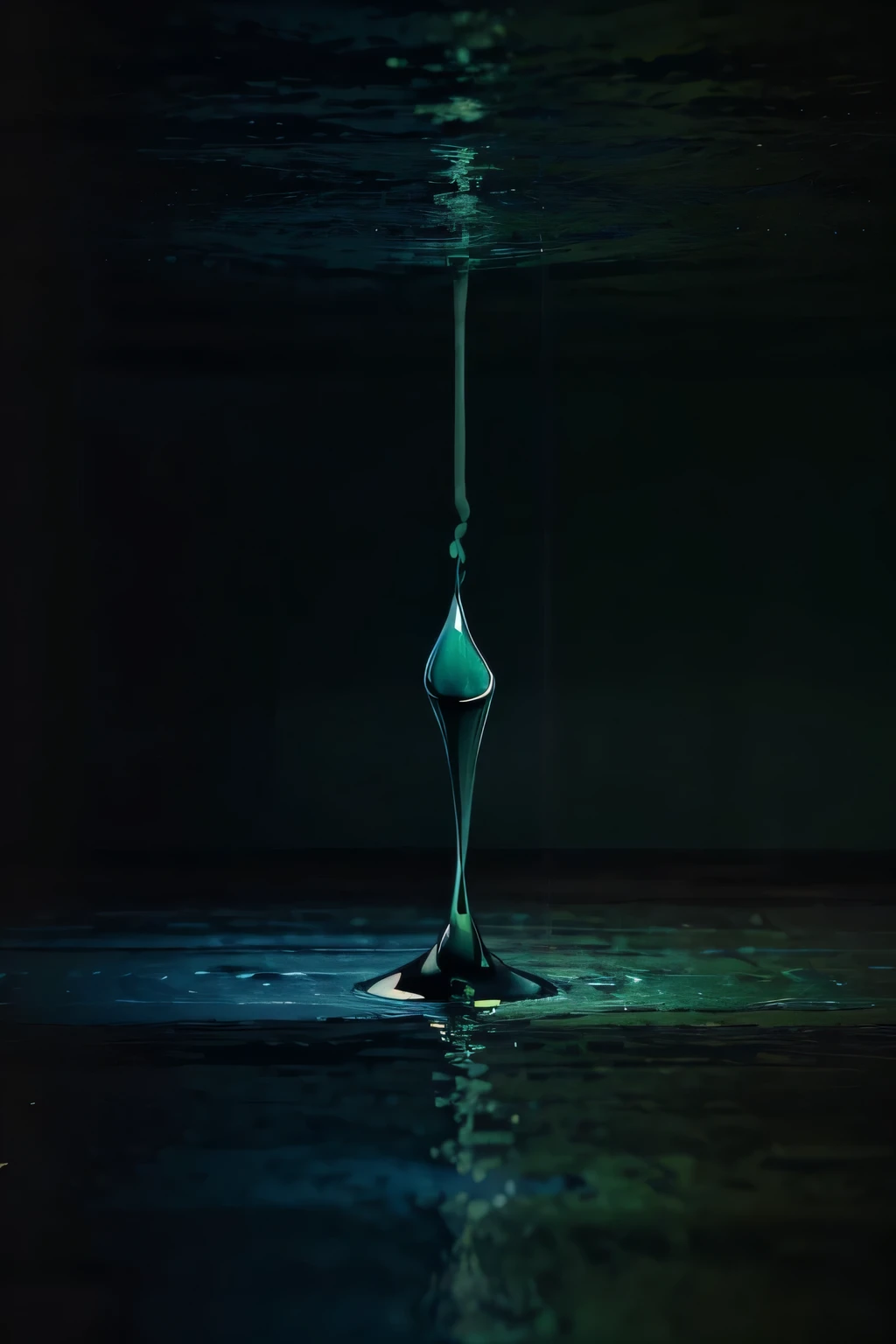 dark green and blue shades of liquid abstracly expanding from single point in dark place. its floating and not real, no floor, background fades colours accroding to pallet