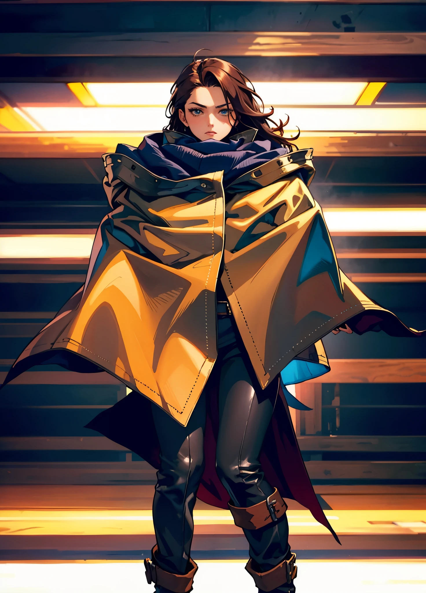 A woman with short reddish-brown hair, a determined gaze, her upper body is enveloped in a heavy cloak with leather accents, the cloak covers the lower half of her face, a tight-fitting long leather trench coat with ethnic-style details at the hem underneath, coarse fabric pants, sturdy knee-high leather boots, the background depicts a fantasy-style western town with swirling yellow sand, this character embodies a finely crafted fantasy western-style female shaman in anime style, exquisite and mature manga art style, high definition, best quality, highres, ultra-detailed, ultra-fine painting, extremely delicate, professional, anatomically correct, symmetrical face, extremely detailed eyes and face, high quality eyes, creativity, RAW photo, UHD, 8k, Natural light, cinematic lighting, masterpiece-anatomy-perfect, masterpiece:1.5