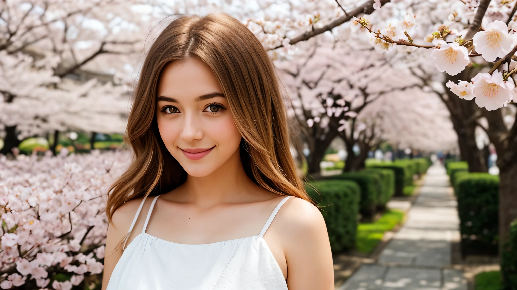 Instagram pictures, a French Girl, Shoulder length hair, with light blonde hair, Close-up photo, Walking in a public garden with cherry blossom, Japan, smiling a little,