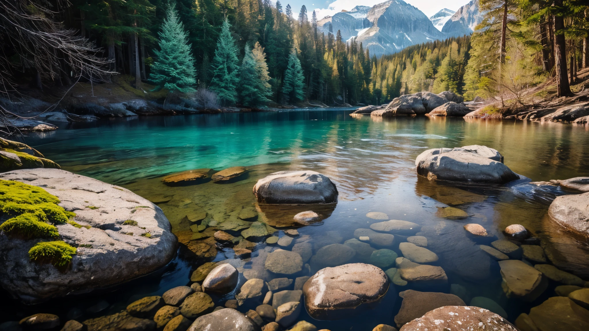 landscape with mountains in the background, large inscription at the top "secret forest", fabulously clear and crystalline water in the foreground, you can see stones submerged in the water, beautiful spring view, delicate light shining through the branches of nearby trees, roots of old spruces sticking out of the water, focal length 25mm, aperture f/1.8, bokeh effect, hyperrealistic, detailed