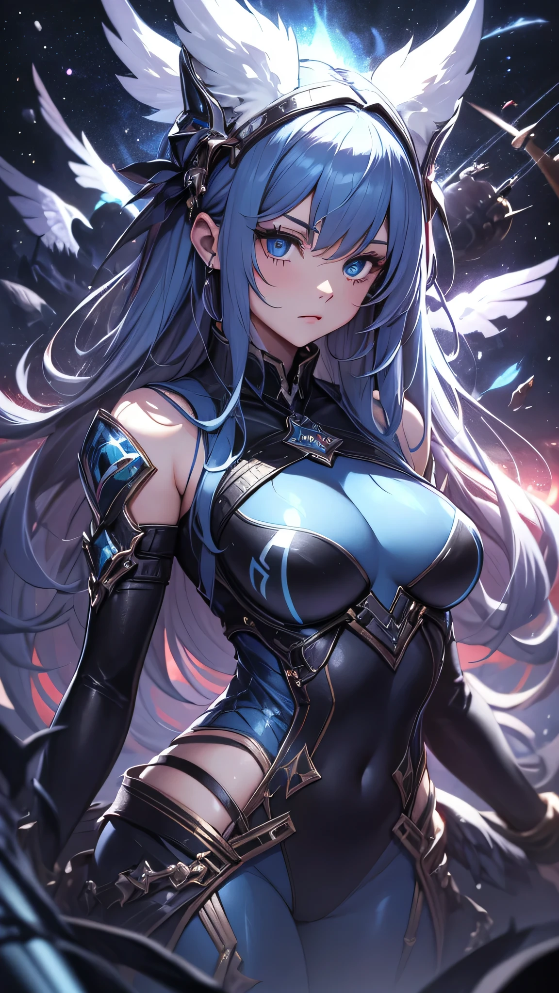 最high quality、best image quality、masterpiece、teenage girl((18-year-old、 By becoming、vest bust、medium bust,wide open breast tea、black eye, light blue hair、Red mesh、long hair、thin,highest valley、white pitch suit、Glowing red wings,leaning forward)),high quality、beautiful art、background((outer space))debris flies、Depth of written boundary、movie、visual art、perfect art、8K,genuine