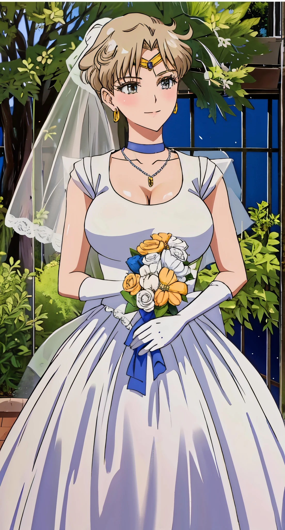 Sailor_uranus,blond，ponytail，Gurwitz，pillory，Head flail，hand flail，flail，(bridal veil:1.5），（short sheer veil：1.5），Blushing face，Head flower，headgear，（tube top wedding dress：1.5），（Silk dress：1.2）,（Strapless wedding dress：1.5）,Bouquet,pure white dress，necklace，earrings，(large breasts:1.3)，Deep V peach heart collar wedding dress，Bangs，lipstick，（lace gloves：1.3）,Bust photo,High detail RAW color art,Tyndall phenomenon