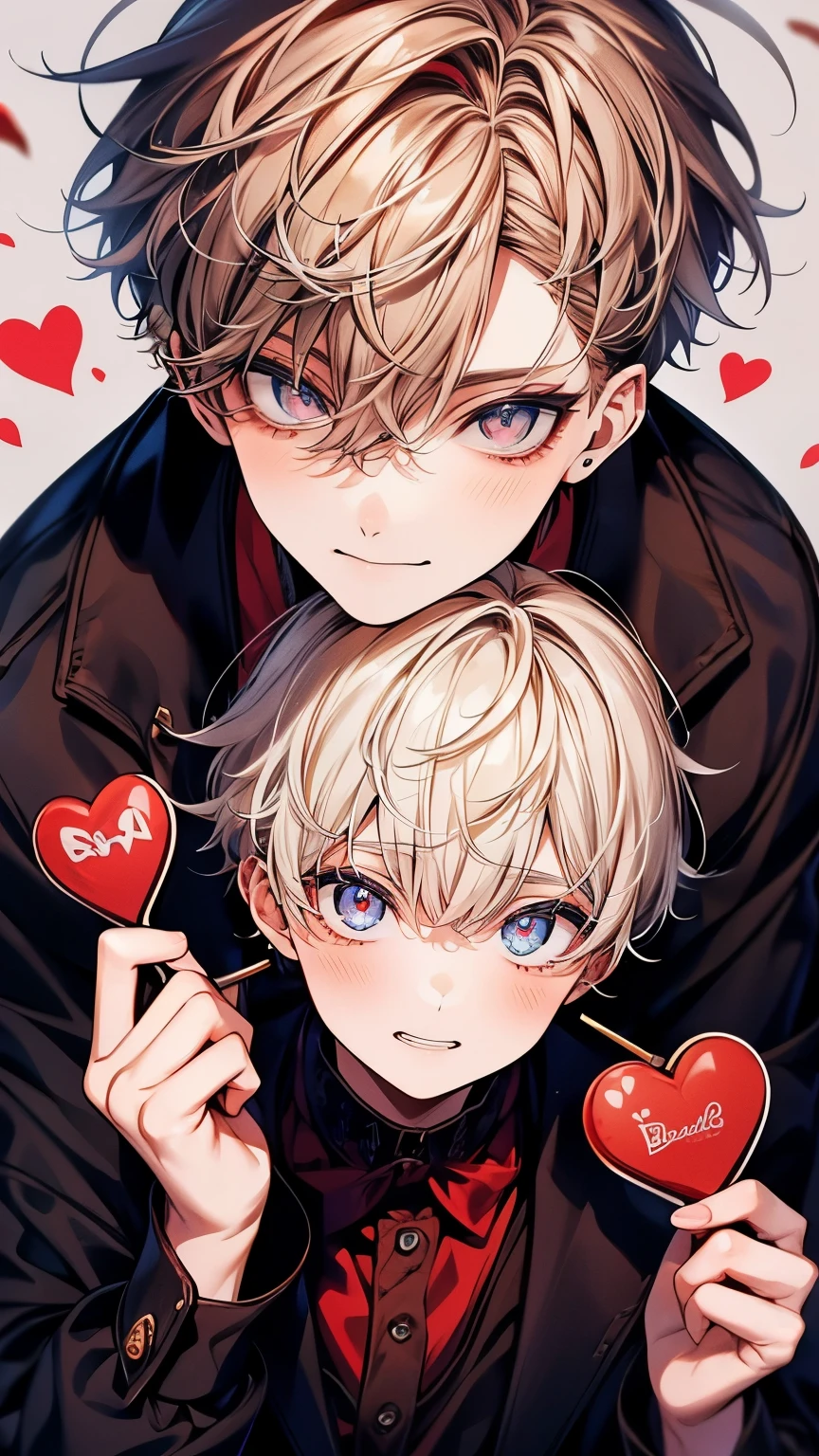 (muste piece), (best quality), very detailed, ((two boys)), perfect face, beautiful face, very detailed顔,(brown haired boy_red eyes,White-haired boy_blue eyes:1.3),chocolate,Valentine,ribbon,heart,Light,smile,long eyelashes,頬にheartマーク,溶けたchocolate,Covered in chocolate