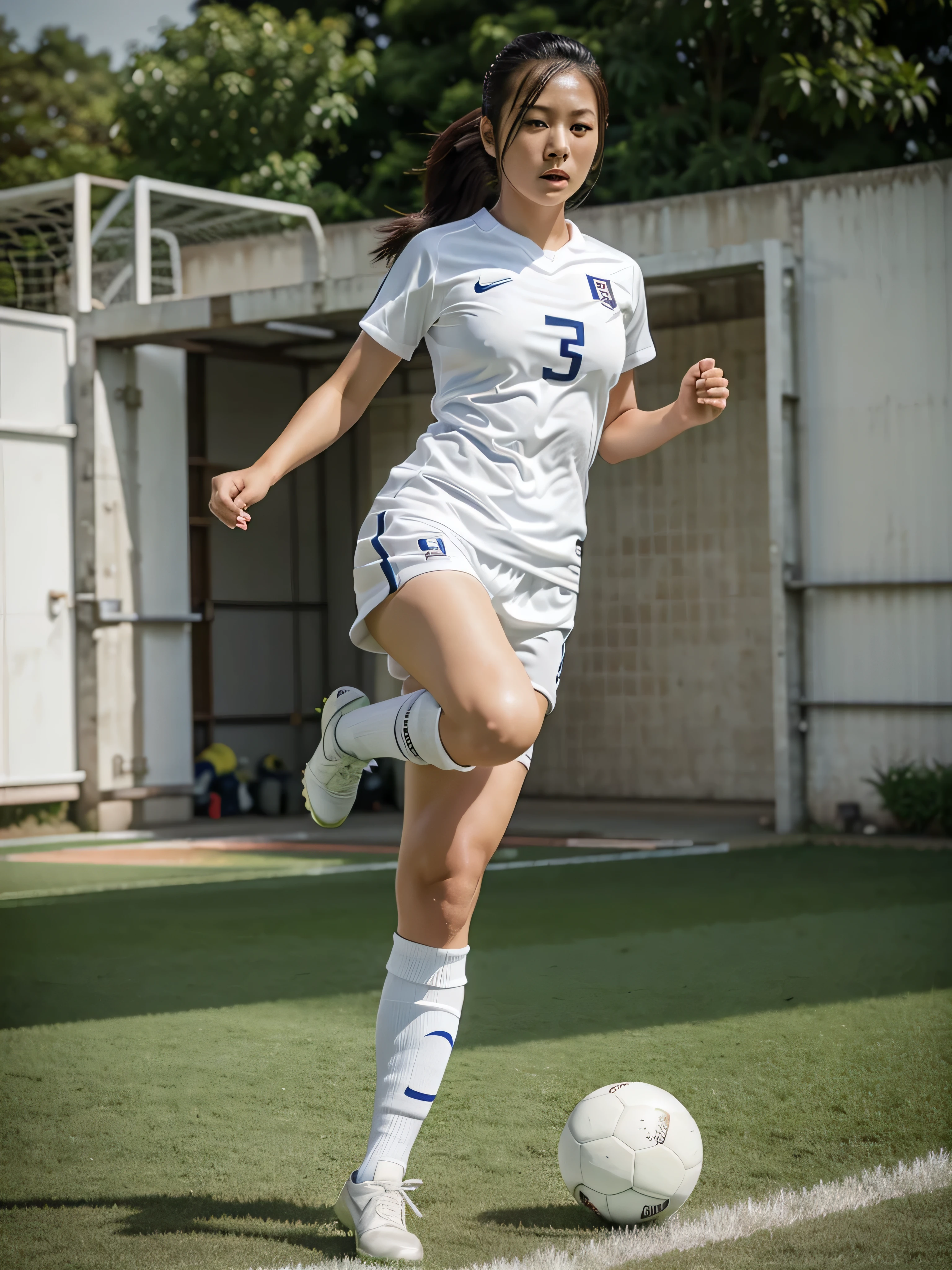 Japanese beautiful girl playing soccer, white uniform, photoshoot, full body, running and kicking soccer ball, realistic, muscle, player, white uniform