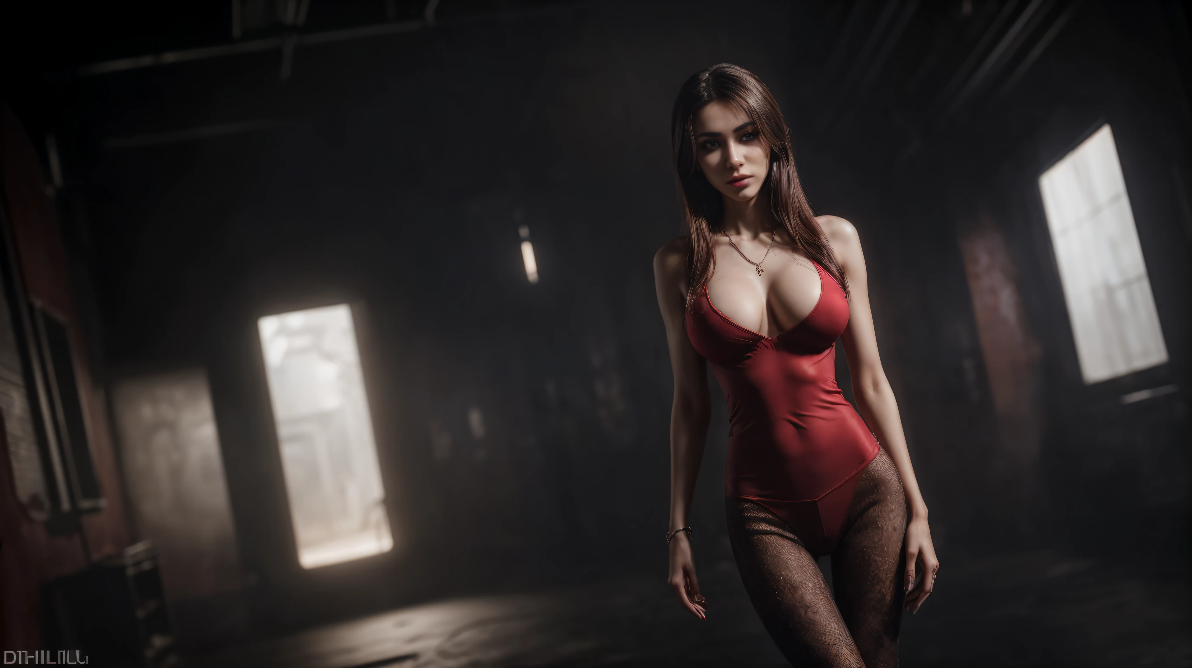 8k, masterpiece, RAW photo, best quality, photorealistic, extremely detailed CG unity 8k wallpaper, Depth of field, Cinematic Light, Lens Flare, Ray tracing, (extremely beautiful face, beautiful lips, beautiful eyes), intricate detail face, ((ultra detailed skin)), ((1girl:1.9)), ((alone:1.9)), ((seductively standing pose)), at night inside a grunge warehouse, deep shadow, (sharp focus), [((Raiana-Elizabeth-Dilla:1.9))], pretty girl, (very slim slender fit-muscled body:1.9), ((beautiful legs:1.4)), (big smile:1), (sexy ((see-through)) ((ultra-short ((red:1.2)) punk-style outfits))), (((dark scenery,nightlife,urbanlife))), (industrial decay,urban texture,mysterious and atmospheric,blurred edges,dusty atmosphere,loneliness and solitude), (blurred background:1.4), beautiful earrings, bracelets, necklace, red pendant, clear eyes, (pale skin), (face forward), ((whole-body-view)), ((full-body:1.8, cinematic shot)), soft lighting, (long black hairs), (looking at viewer:1.8), cleavage breasts, (large breasts:1.6), touching the breast, highly detailed, ultra realistic, extremely detailed and realistic ((red:1.2)) clothes.