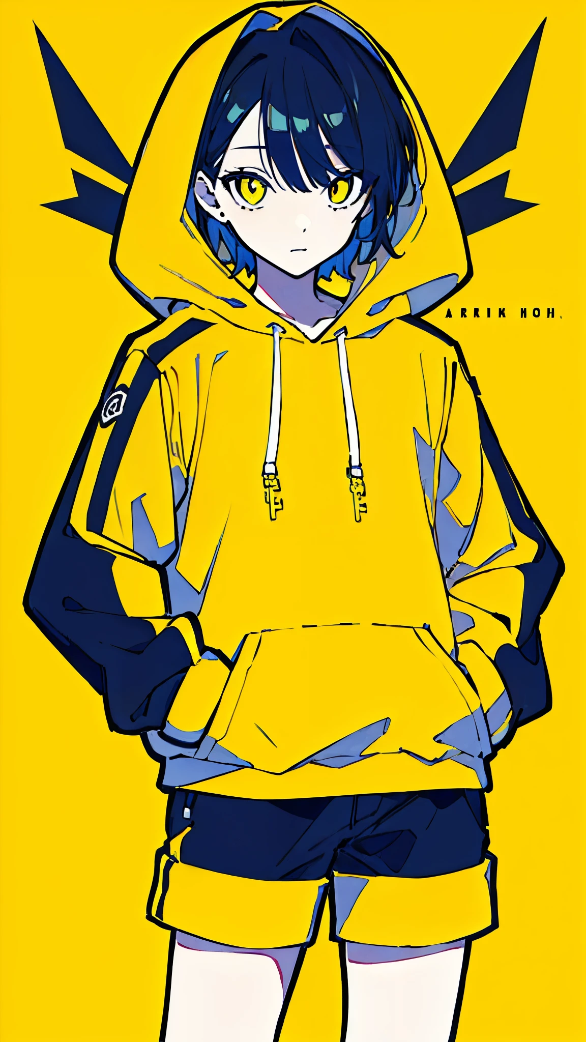(masterpiece, highest quality:1.6), alone, thick outline, (simple background, Dark yellow background, monochrome, dark yellow theme:1.2), official art, Key Visual, 8K, disorganized, whole body, (Unique hair, Oversized Hoodies, hot pants, arch back, short torso:1.2), belly button, thighs, cowboy shot, HDR, sharp focus, High resolution, most detailed, very detailed, Super detailed, finely, detailed eyes and face, sharp pupils, realistic student, solo, contrast between yellow and light blue, solo, hands in pockets