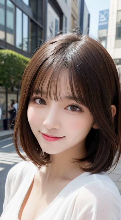 masutepiece, Best Quality, Illustration, Ultra-detailed, finely detail, hight resolution, 8K Wallpaper, Perfect dynamic composition, Beautiful detailed eyes, Women's Fashion,Very short hair,Small breasts natural color lip, Bold sexy poses,Smile,Harajuku、20 years girl、Cute、Sexy shot looking at camera