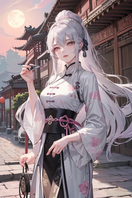 pink panty, Masterpiece, Best Quality, Night, Full Moon, 1 Girl, Mature Woman, Chinese Style, Ancient China, Sister, Royal Sister, Cold expression, expressionless face, Silver white long haired woman, Light pink lips, Calm, Intellectual, Three belts, Gray pupils, Assassin, Short knife, Flower ball background, Strolling in the street scenery