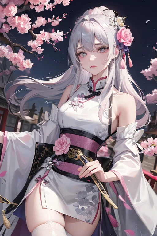 pink panty, Masterpiece, Best Quality, Night, Full Moon, 1 Girl, Mature Woman, Chinese Style, Ancient China, Sister, Royal Sister, Cold expression, expressionless face, Silver white long haired woman, Light pink lips, Calm, Intellectual, Three belts, Gray pupils, Assassin, Short knife, Flower ball background, Strolling in the street scenery