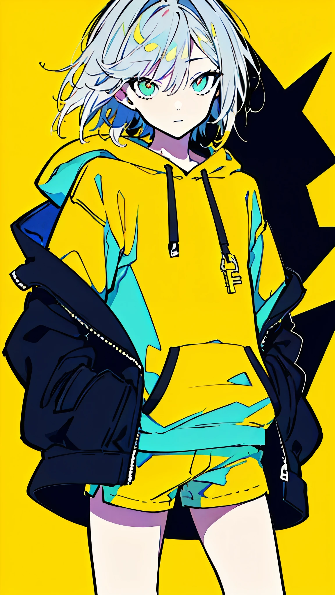 (masterpiece, highest quality:1.6), alone, thick outline, (simple background, Dark yellow background, monochrome, dark yellow theme:1.2), official art, Key Visual, 8K, disorganized, whole body, (Unique hair, Oversized Hoodies, hot pants, arch back, short torso:1.2), belly button, thighs, cowboy shot, HDR, sharp focus, High resolution, most detailed, very detailed, Super detailed, finely, detailed eyes and face, sharp pupils, realistic student, solo, contrast between yellow and light blue, solo, hands in pockets