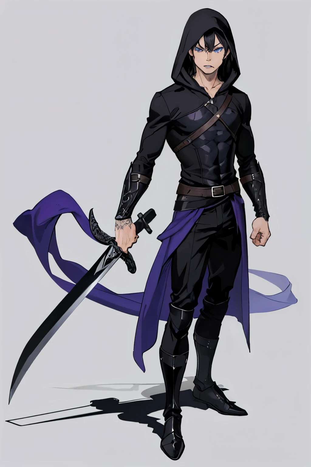 (extremely detailed 8k wallpaper), a full body shot photo of a fearful young rogue, male, male focus, black hair, blue eyes, black clothing, hooded, medieval, intricate, high detail, with a shadow blade in his hand with purple fire