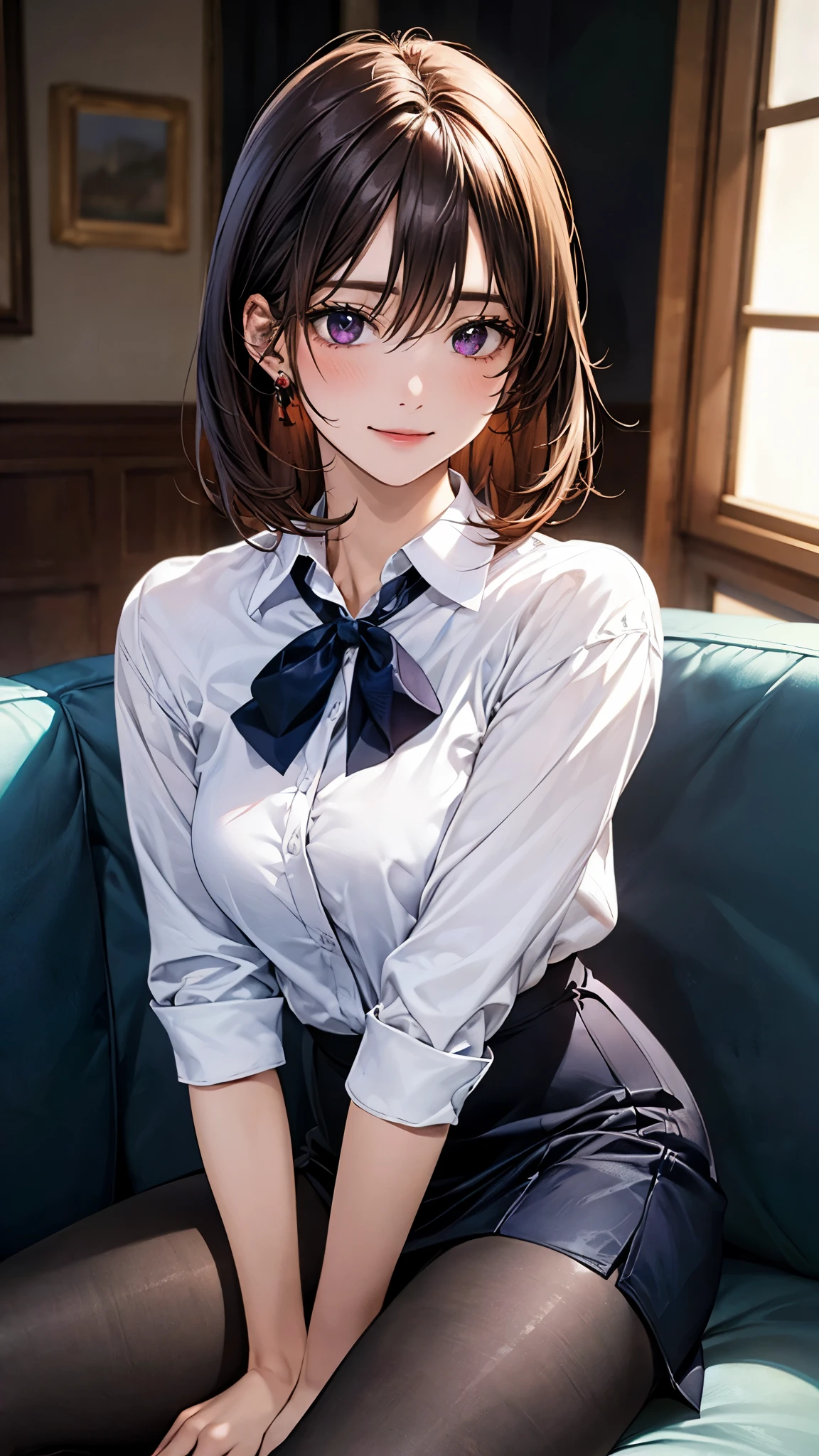 (masterpiece:1.2, top-quality), (realistic, photorealistic:1.4), beautiful illustration, (natural side lighting, movie lighting), 
looking at viewer, (face focus), (extreme close-up), 1 woman, japanese, 22 years old, high school teacher, perfect face, cute and symmetrical face, shiny skin, babyface, 
(short hair, straight hair, dark brown hair), hair between eyes, dark purple eyes, (middle breasts, seductive thighs, big ass), piercings, 
beautiful hair, beautiful face, beautiful detailed eyes, beautiful clavicle, beautiful body, beautiful chest, beautiful thigh, beautiful legs, beautiful fingers, 
((navy tight skirt, white collared shirt), open shirt, black pantyhose), purple neck ribbon, , 
(beautiful scenery), night, living room, sitting sofa, hands on hair, (lovely smile, upper eyes),