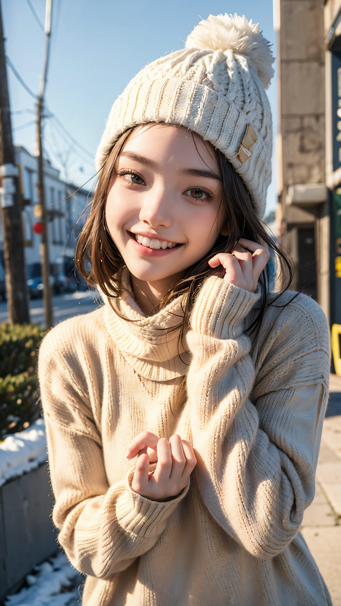 highest quality, masterpiece, ultra high resolution, (realistic:1.4), (portrait facing each other) RAW photo, 1 girl, 18-year-old,((winter school uniform)),((Knit hat and muffler)),((Hold out a paper bag containing a gift to the viewer with both hands.)),((looking up at the viewer)),(blush),masterpiece, realistic pictures, saturation, contrast, ((small breasts)),((smile showing teeth)),short hair,