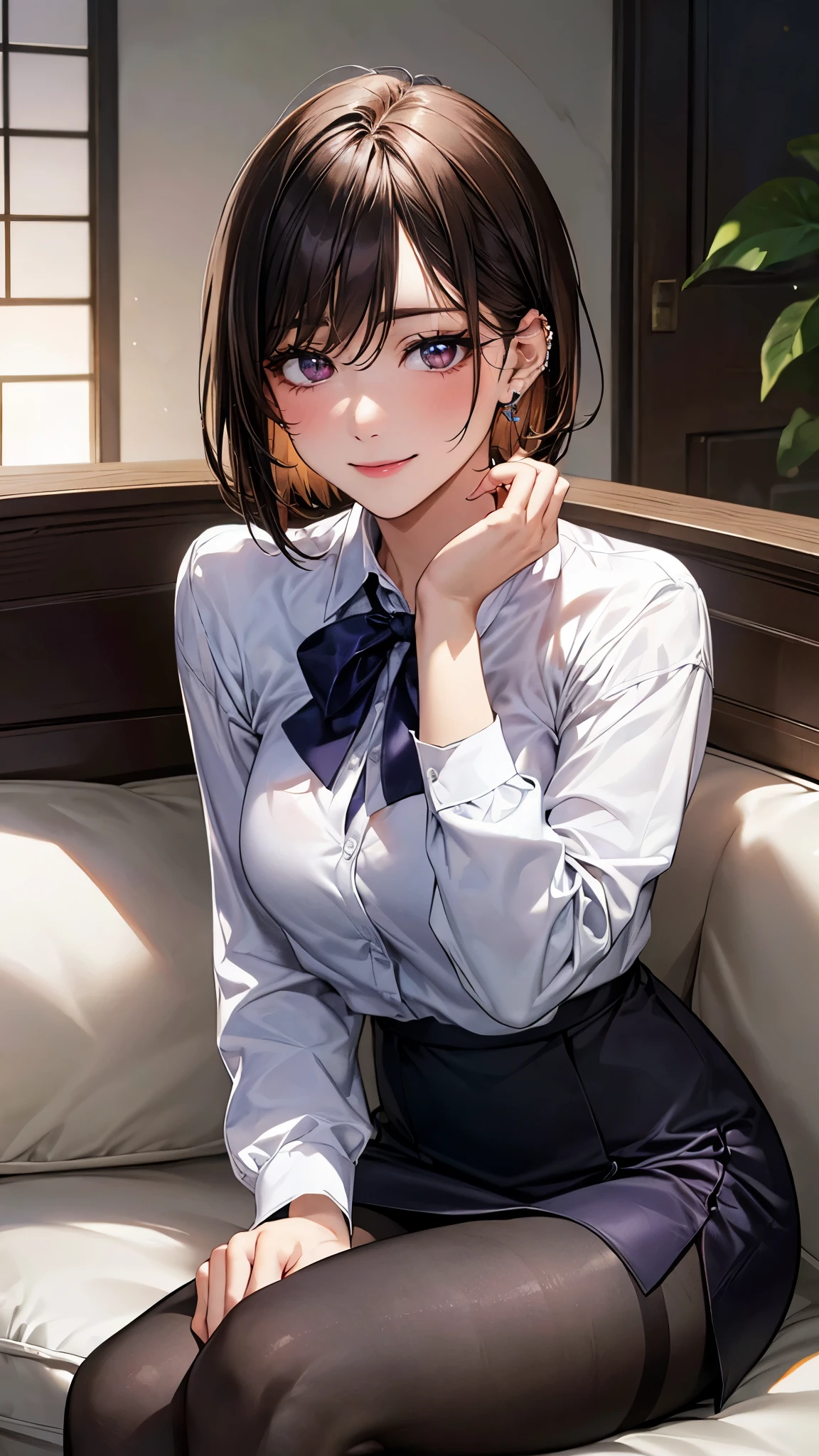 (masterpiece:1.2, top-quality), (realistic, photorealistic:1.4), beautiful illustration, (natural side lighting, movie lighting),
looking at viewer, (face focus), (extreme close-up), 1 woman, japanese, 22 years old, high school teacher, perfect face, cute and symmetrical face, shiny skin, babyface,
(short hair, straight hair, dark brown hair), hair between eyes, dark purple eyes, (middle breasts, seductive thighs, big ass), piercings,
beautiful hair, beautiful face, beautiful detailed eyes, beautiful clavicle, beautiful body, beautiful chest, beautiful thigh, beautiful legs, beautiful fingers,
((navy tight skirt, white collared shirt), open shirt, black pantyhose), purple neck ribbon, ,
(beautiful scenery), night, living room, sitting sofa, hands on hair, (lovely smile, upper eyes),