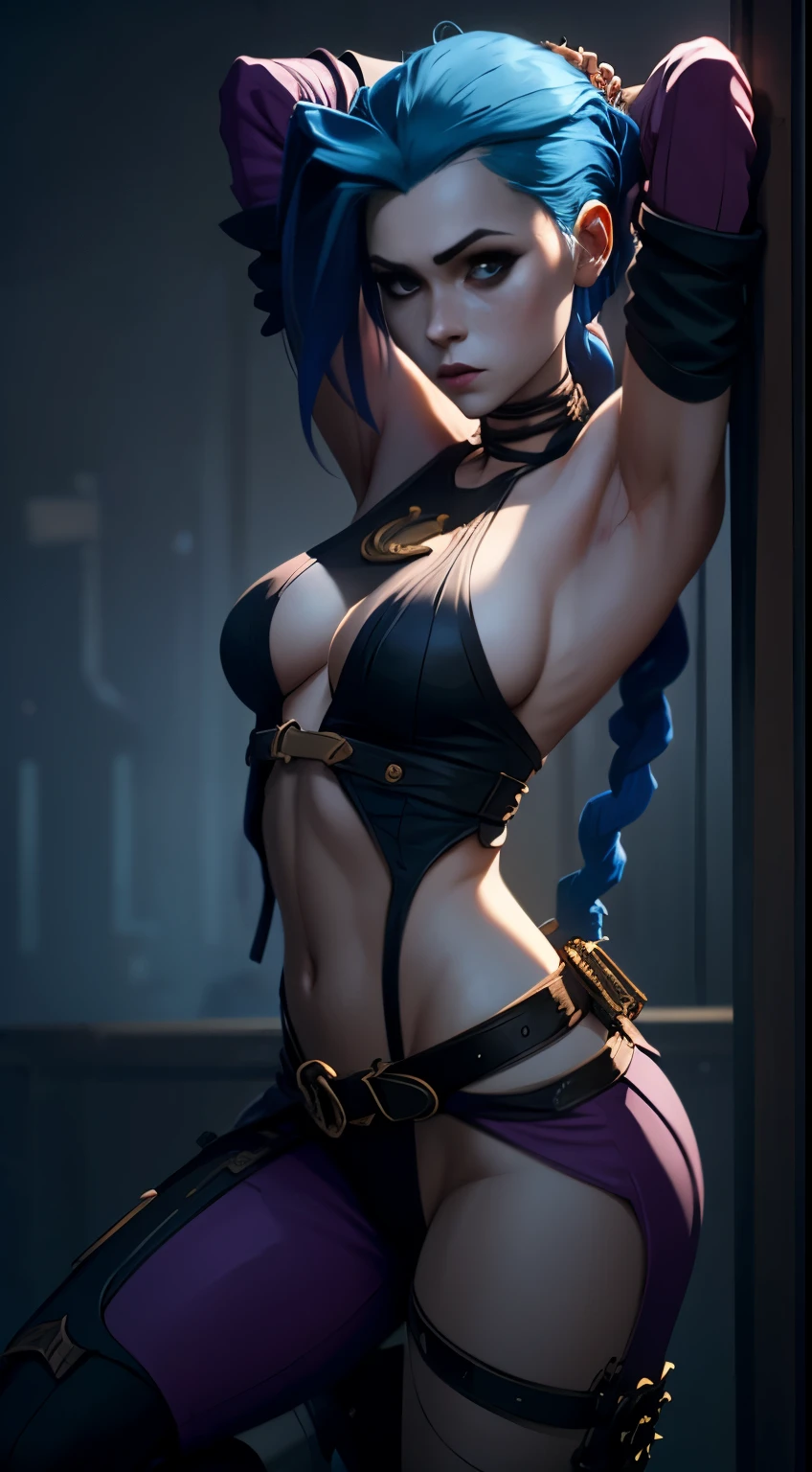Jinx's character design, Dynamic movements, lying naked on her back, bare breast, hands over head, Swollen , butt, kitty, sexypose, Beautiful figure, Arcane's Jinx, Bright blue and purple sparks all around, glowing eyes, Pink glowing eyes, hairlong, hairsh, braided into long braids, Pigtails hang below the knee, Hair color changes from bright blue to navy blue, Dressed in brown breeches, Leather boots on the feet, Top with four gold circles on the chest in the middle of the chest, Blue cloud tattoos on shoulders and waist, Long bangs, hanging on the right side, Belt with cartridges on the belt, Arcane style, extremely detailed CG unity 8k wallpaper, detailed light, Cinematic lighting, chromatic aberration, glittering, expressionless, epic composition, dark in the background, Cherecter Desing, Very detailed, Detailed body, Vibrants, Detailed Face, sharp-focus, anime art, Vibrants, Detailed Face, Hugh Details, sharp-focus, Very drooping face, A detailed eye, super fine illustration, better shadow, finely detail, Beautiful detailed glow, Beautiful detailed, Extremely detailed, expressionless, epic composition,