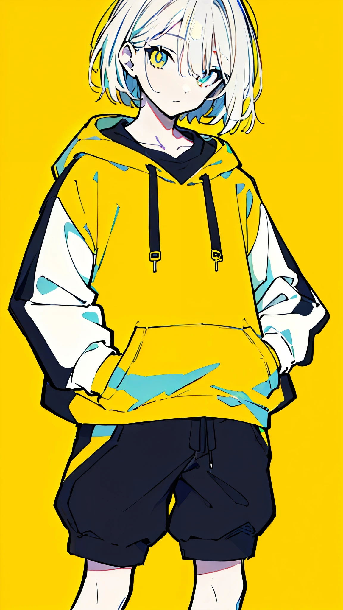 (masterpiece, highest quality:1.6), alone, thick outline, (simple background, Dark yellow background, monochrome, dark yellow theme:1.2), official art, Key Visual, 8K, disorganized, whole body, (Unique hair, Oversized Hoodies, hot pants, arch back, short torso:1.2), belly button, thighs, cowboy shot, HDR, sharp focus, High resolution, most detailed, very detailed, Super detailed, finely, detailed eyes and face, sharp pupils, realistic student, solo, contrast between yellow and light blue, solo, hands in pockets