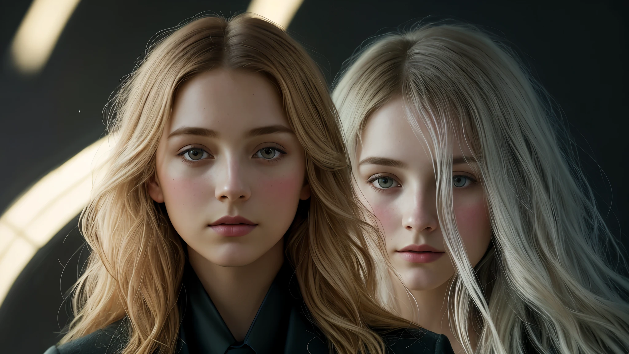 (front focus),(in the dark:1.6), Surrealistic Portraits of Women by David Hockney and Alphonse Mucha, fantasy art, Realistic photos, dynamic light, art station, poster, Volumetric light, Very detailed face, 4K, 1 girl, in the dark, deep shadow, low noise, cowboy shoot, (formal clothes:1.4), Shoulder length hair, with light blonde hair,