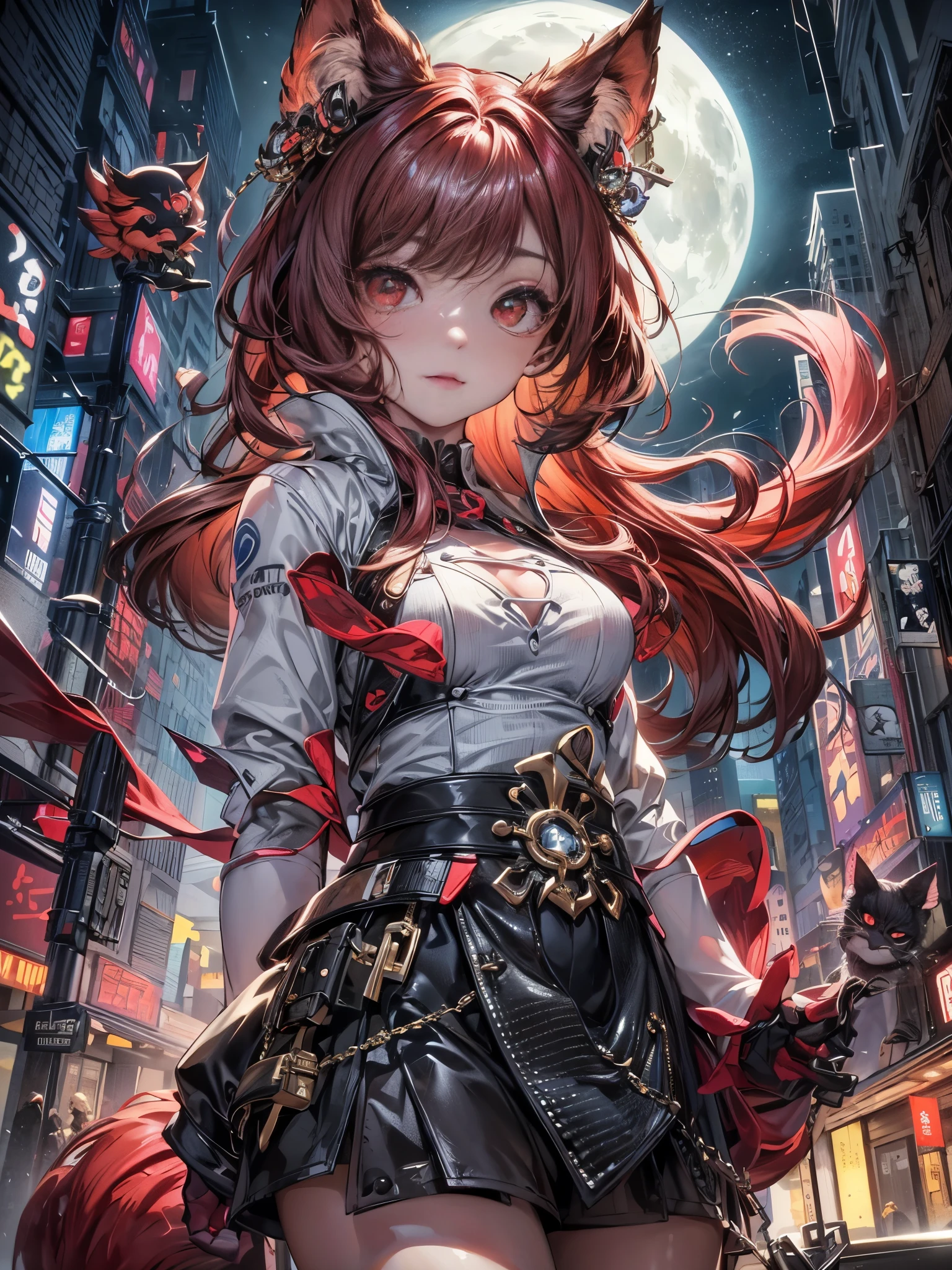 cinematic lighting,super dense skin、Beautiful quality with attention to detail,perfect anatomy,(replace、dim color, pleasant tone:1.3),(midjourney anime style:1.1)(Detailed beautiful facial features、red eyes:1.3)華やかでエロスな白い着物を着たmonster cat girl、 sly way of laughing(Girl Playing Guitar、highly detailed hands:1.2)Big city buildings at night、building roof、Skyscraper、Play the guitar(Highly detailed feet:1.3)、dynamism(Sparkling✨、the night deepens、shining moon、beautiful night:1.5)monster cat girl、whole body、light reflection、Sparklingエフェクト:1.5
