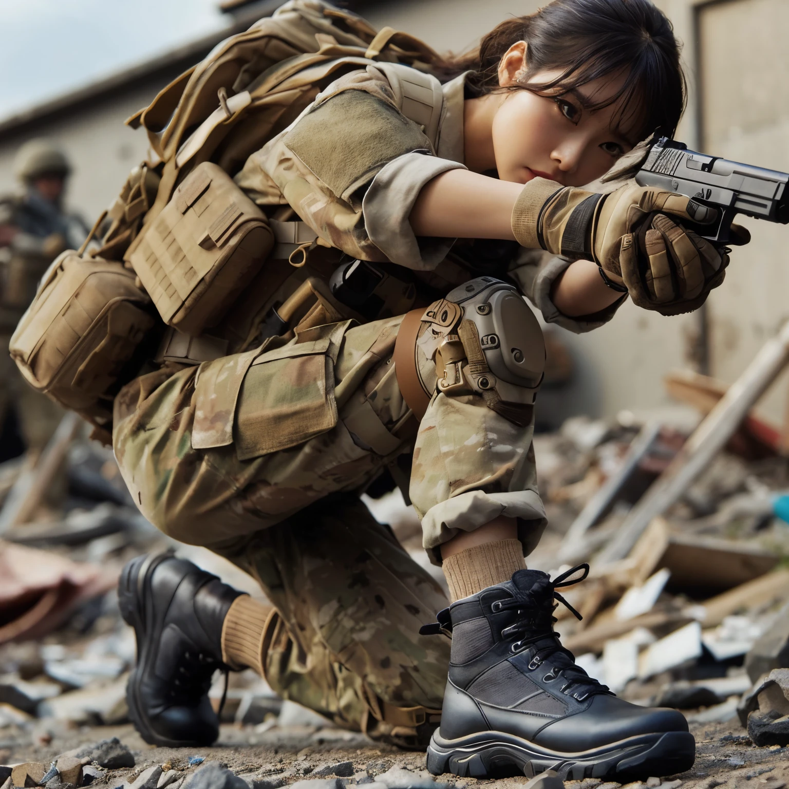 photorealistic、Realistic skin textures、A beautiful Japanese woman belonging to the American military is standing、aiming with a gun、standing position、standing on rubble、Action poses with movement、Image from below、Dirty boots