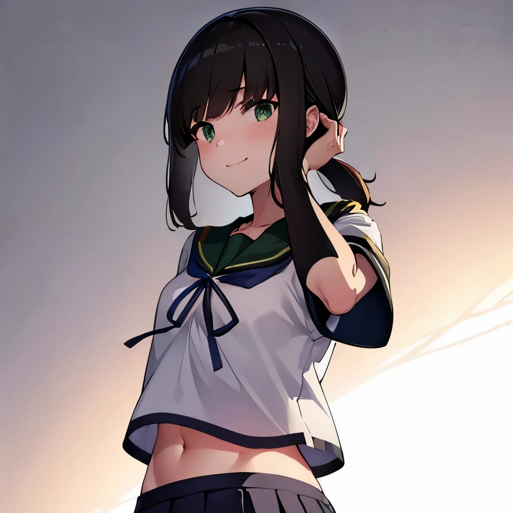 belly button,belly, (masterpiece, best quality:1.2),illustration,8k,hd,1girl,solo,upper body,(portrait:1.2),black_hair,short_ponytail,white serafuku,sidelocks,low_ponytail,green_eyes,smile,black_eyes,school_uniform,pleated_skirt,skirt,
