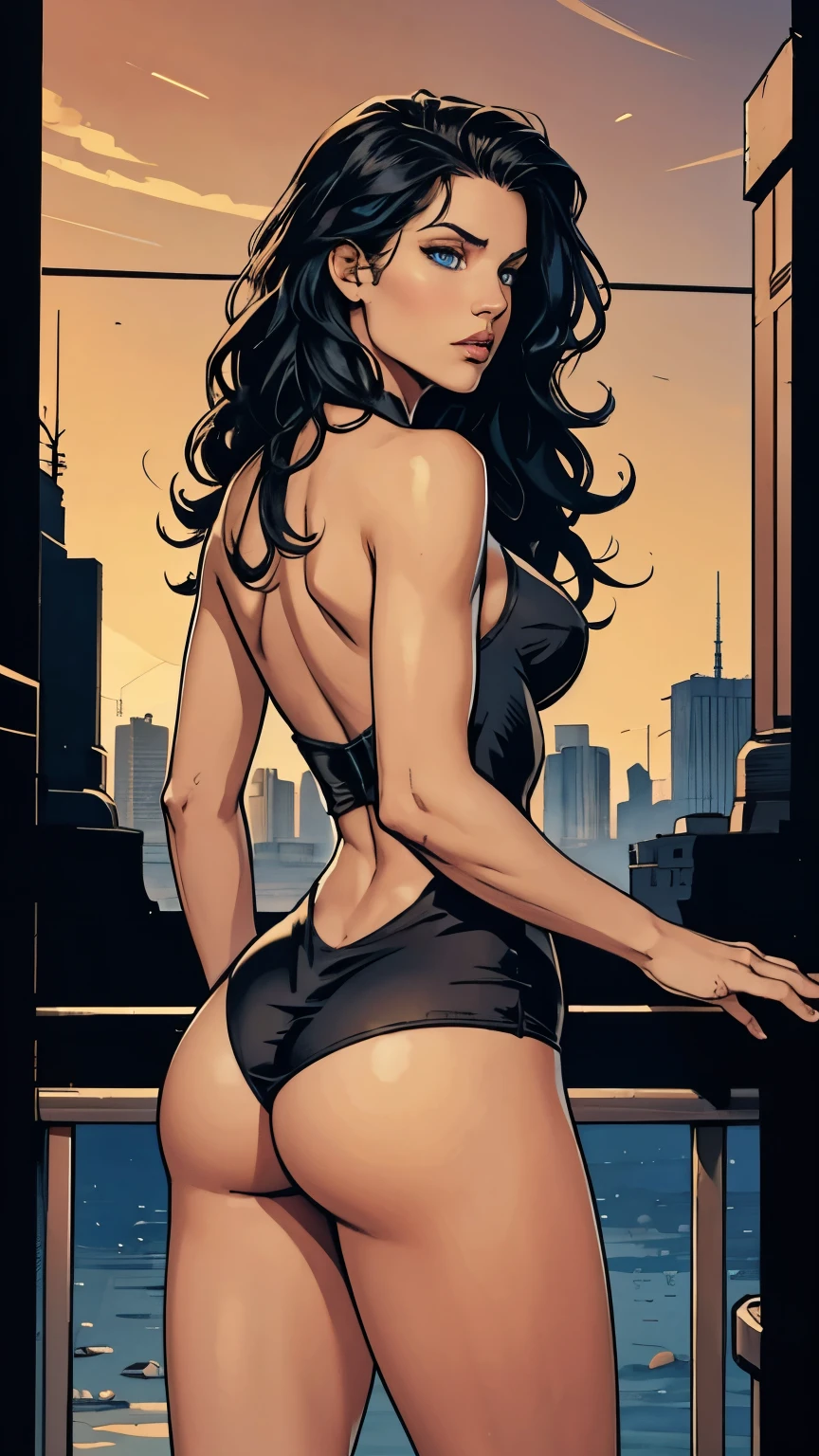 Caucasian woman, blue eyes, blue-black hair, wavy hair, long hair, athletic body, standing, view from behind, sexy tight dress, thin belly, sultry gaze.