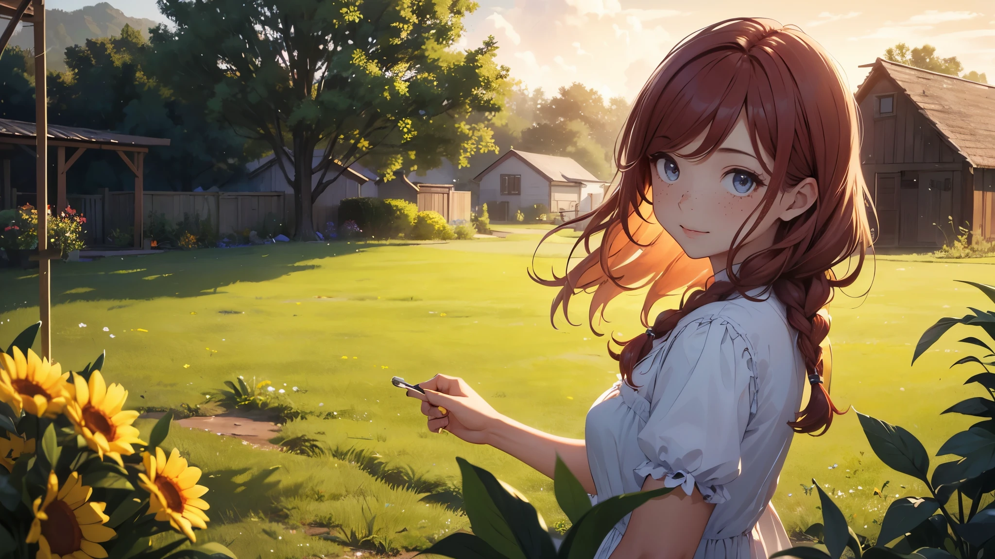 ((masterpiece,best quality,ultra detailed,ultra high res,detailed country yard background)), soft realistic focus, dynamic shadows, realistic image, vibrant colors,light leaks,dreamy atmosphere,chiaroscuro,BREAK
experimental charm, The girl is depicted in full growth, you see the girl from head to toe, nostalgic appeal, country girlfriend, she take you with yourself, simple open short dress, soft mischievous smile, freckles, shiny light red hair, she will take your hand, thick braids