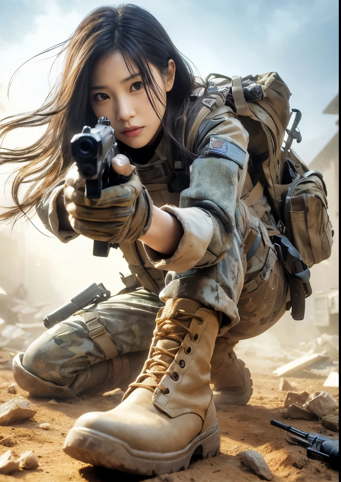 photorealistic、Realistic skin textures、A beautiful Japanese woman belonging to the American military is standing、aiming with a gun、standing position、standing on rubble、Action poses with movement、Image from below、Dirty boots