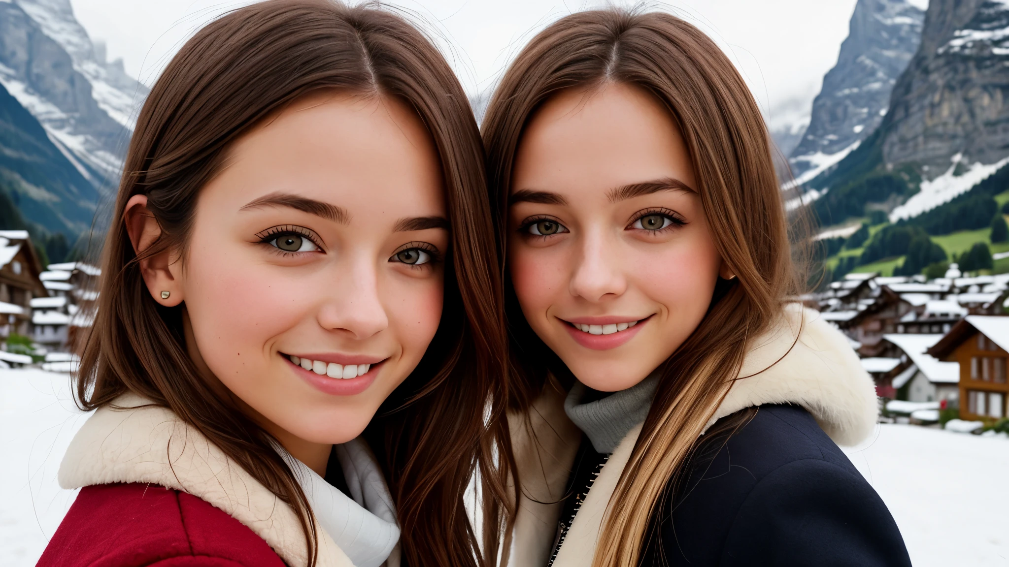 Instagram pictures, 1French Girl, Shoulder length hair, with light blonde hair, Close-up photo, coat, The background is the village of Grindelwald...., Switzerland, smile a little,