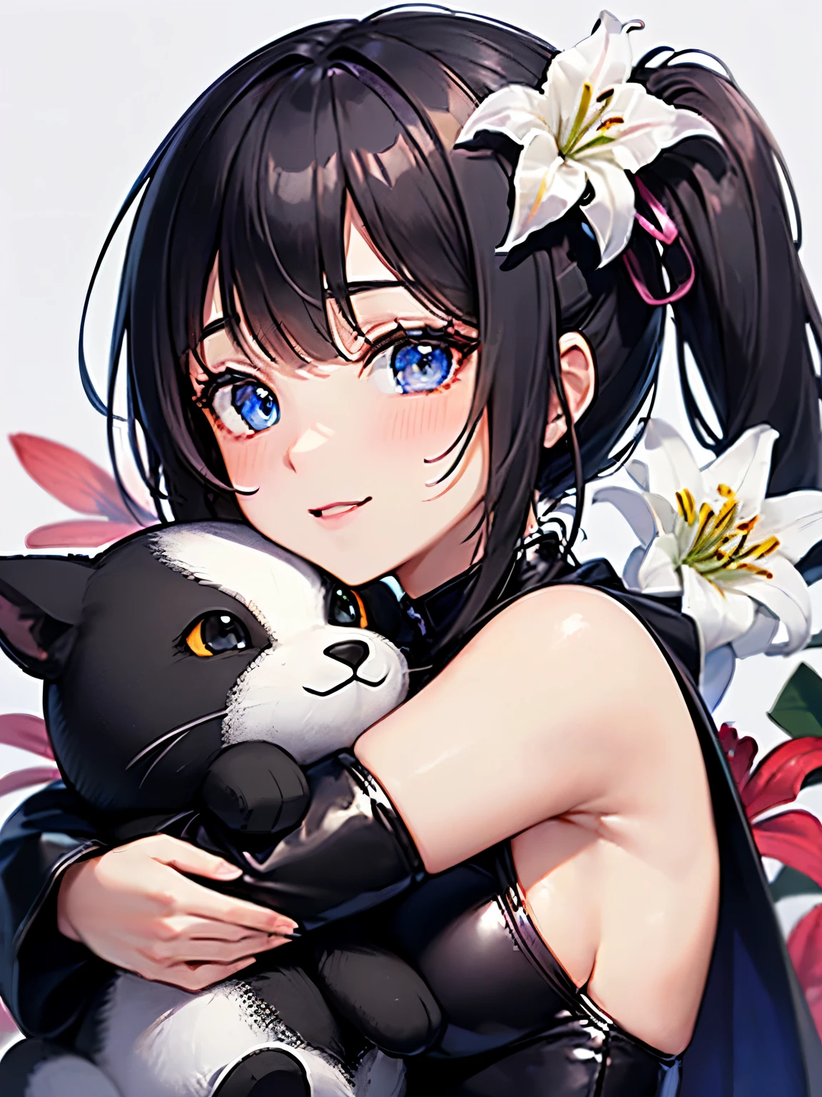(thin black hair:1.2),(long hair with curls,:1.3),(hair with volume:1.25),(big ribbon:1.3),(blue eyes:1.4),(eye size:1.5),(sphere accessories:1.3),((Feminine fashion:1.4)),(Background full of blooming flowers:1.5),(blush),(upper grade:1.3),(small breasts:1.4),((close up of face:1.5)),((look up:1.25)),(fashion color white、dark blue、purple、pink:1.3),(smile:1.2),((hug breasts:1.5)),((Lily:1.3)),((focus on face:1.35))