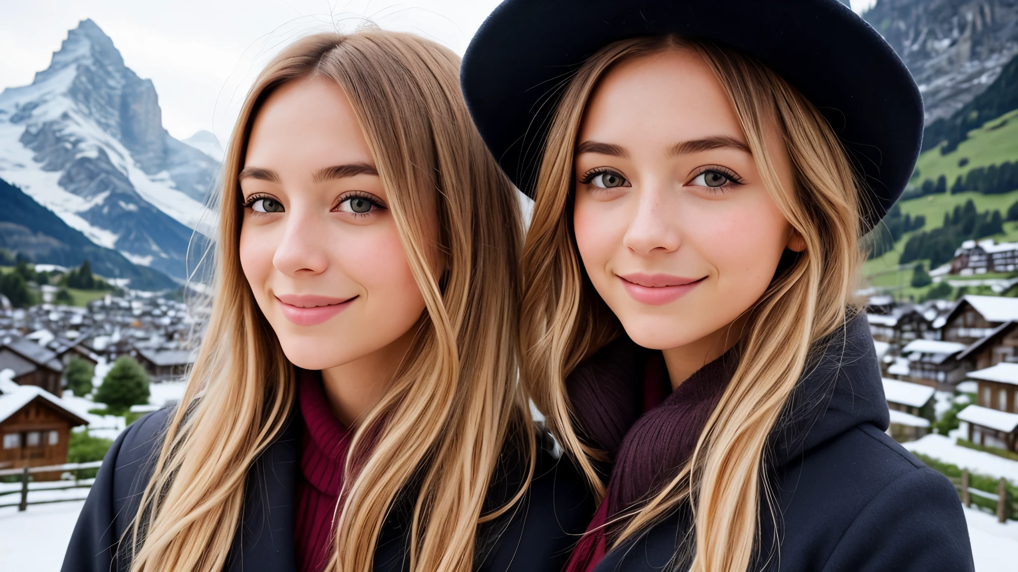 Instagram pictures, 1French Girl, Shoulder length hair, with light blonde hair, Close-up photo, coat, The background is the village of Grindelwald...., Switzerland, smile a little,