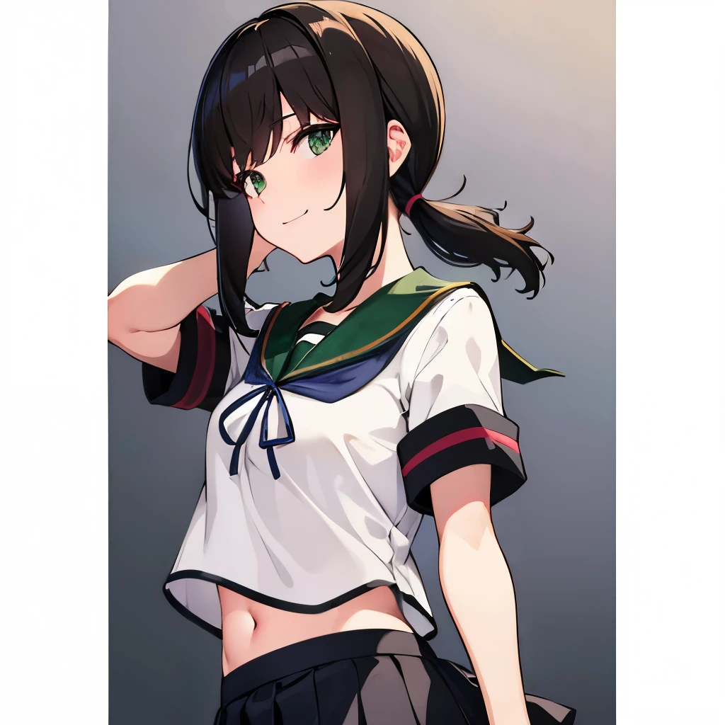 belly button,belly, (masterpiece, best quality:1.2),illustration,8k,hd,1girl,solo,upper body,(portrait:1.2),black_hair,short_ponytail,white serafuku,sidelocks,low_ponytail,green_eyes,smile,black_eyes,school_uniform,pleated_skirt,skirt,