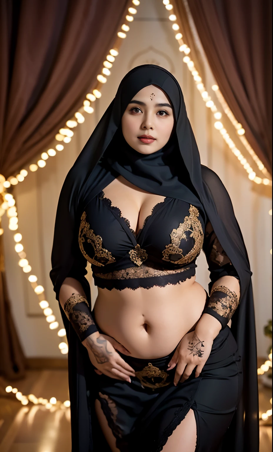 there is a old woman posing in a dark room with a maroon burka clothes , 60 years old, thick body, beautiful thick female, wide hips, thick legs, she has a jiggly fat round belly, thick thighs, curvy hourglass figure, thicc, curvy model, widest hips, hyperrealistic full figure, bbwchan, voluptuous body, thick, tattooed body, tattooed hands, hena on arm, hena in belly, Burka girl, muslim clothes, 60 years old woman. Burka woman, chubby cheeks, 